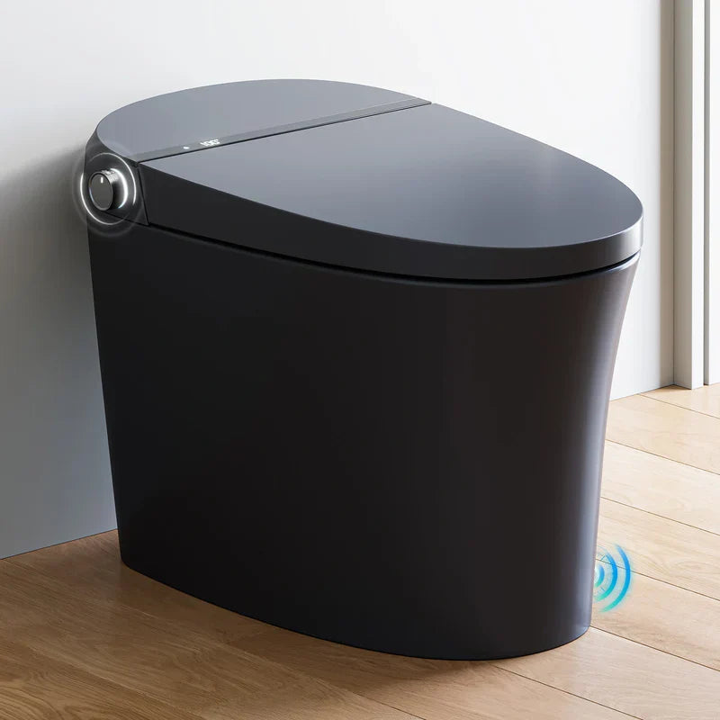 Sleek matte black smart toilet with sensor controls, a luxury addition to contemporary bathroom design.