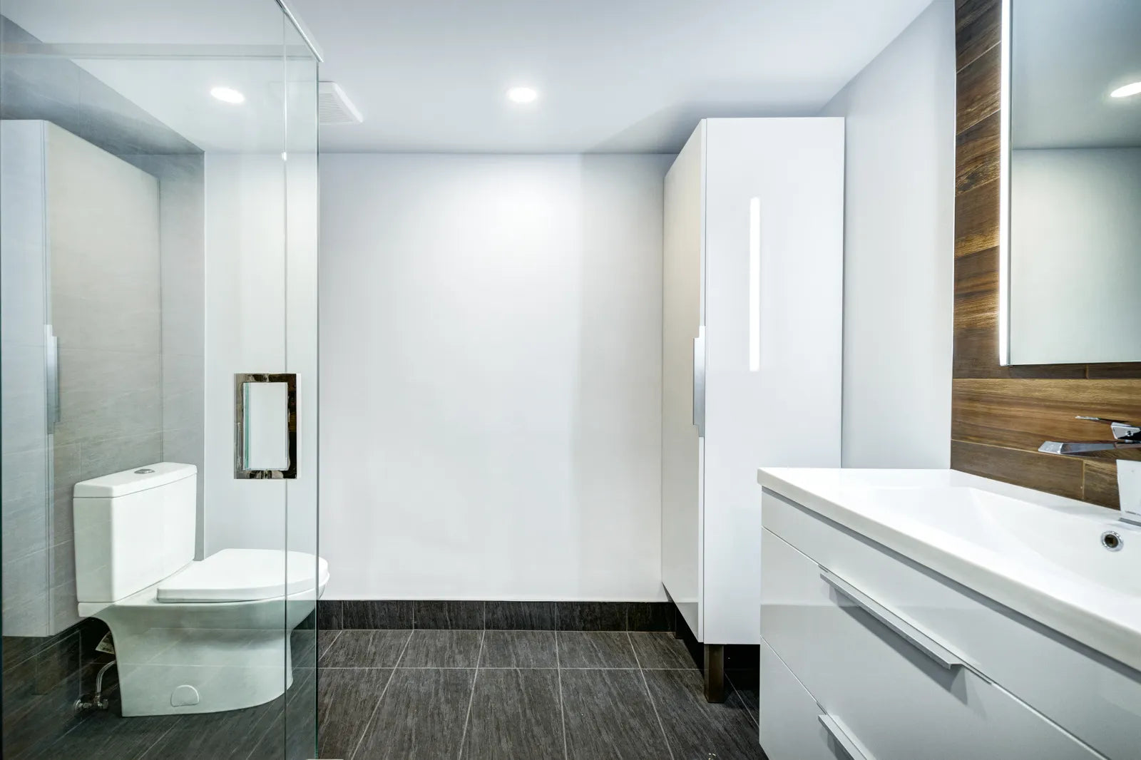 Modern bathroom with an elongated wall-mounted toilet and glass shower