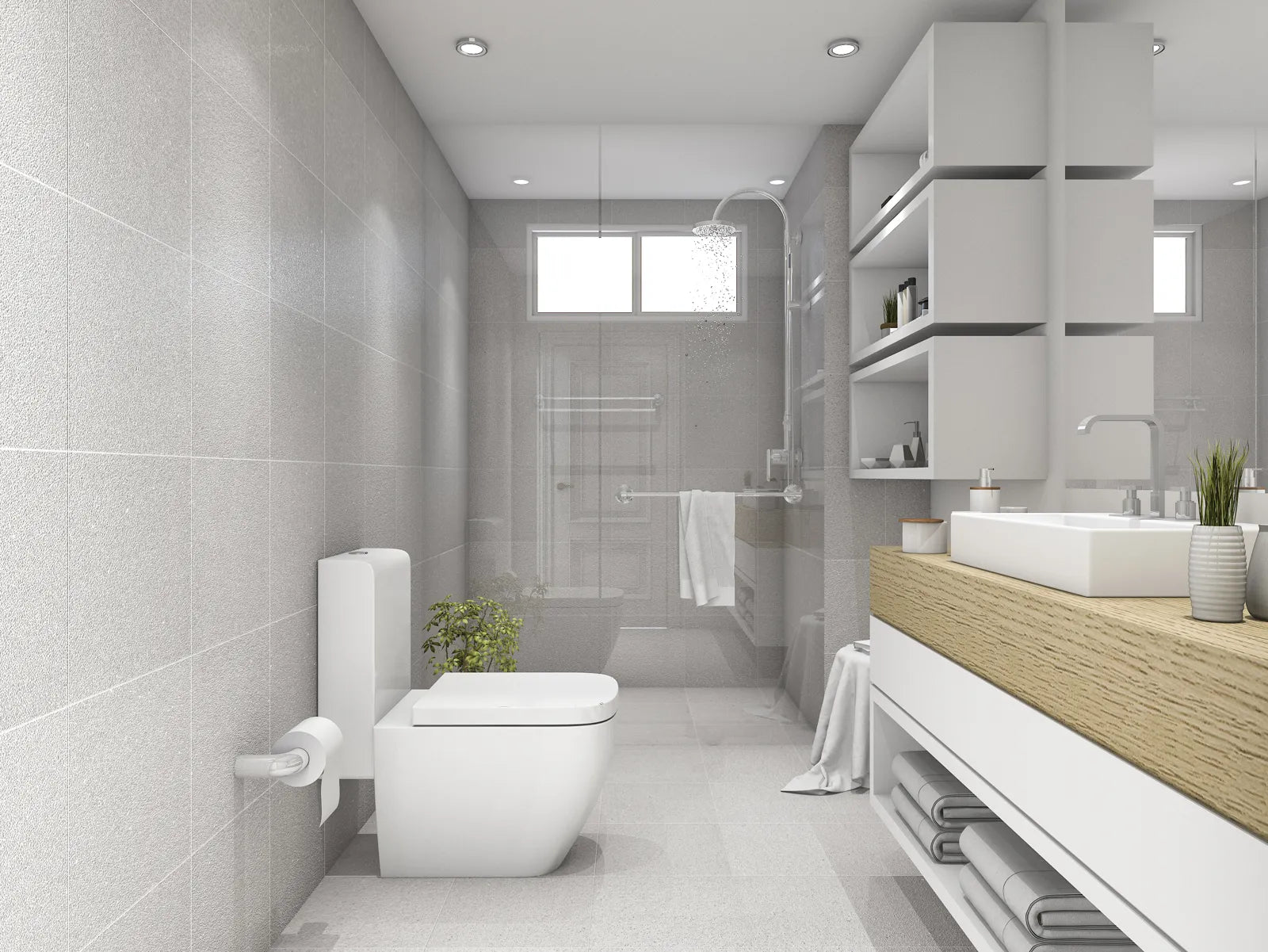A modern bathroom features a sleek, water-saving high efficiency toilet unit.