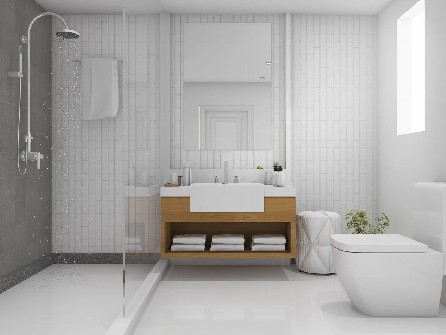 Modern bathroom featuring a sleek high-efficiency toilet, designed to reduce water consumption and lower bills.