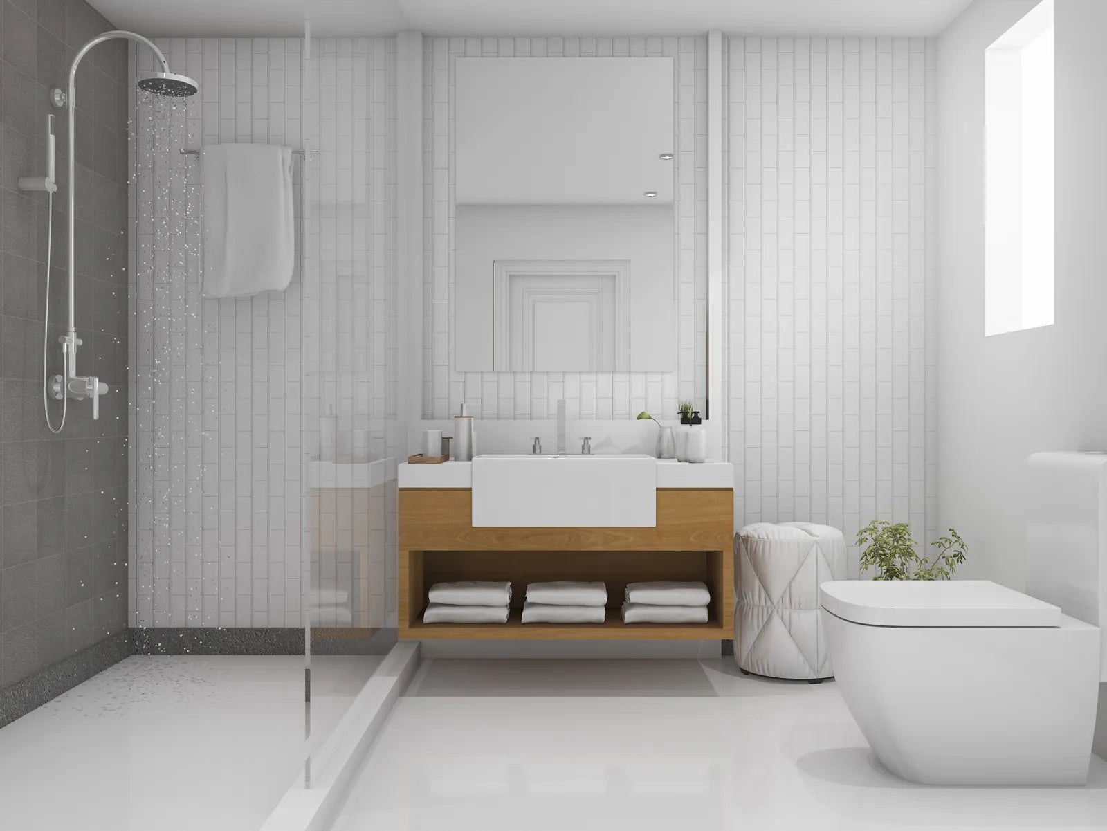 Modern bathroom featuring a sleek high-efficiency toilet, designed to reduce water consumption and lower bills.