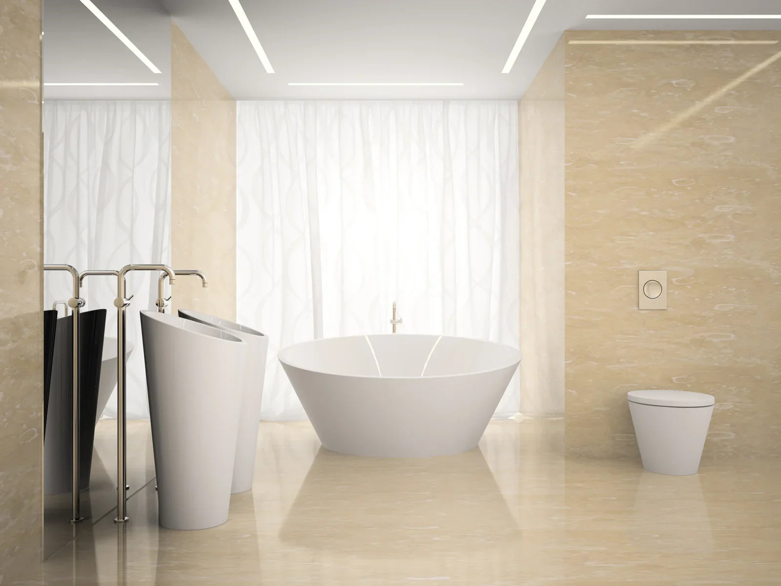 A modern bathroom with a freestanding tub installed on polished beige tile flooring.