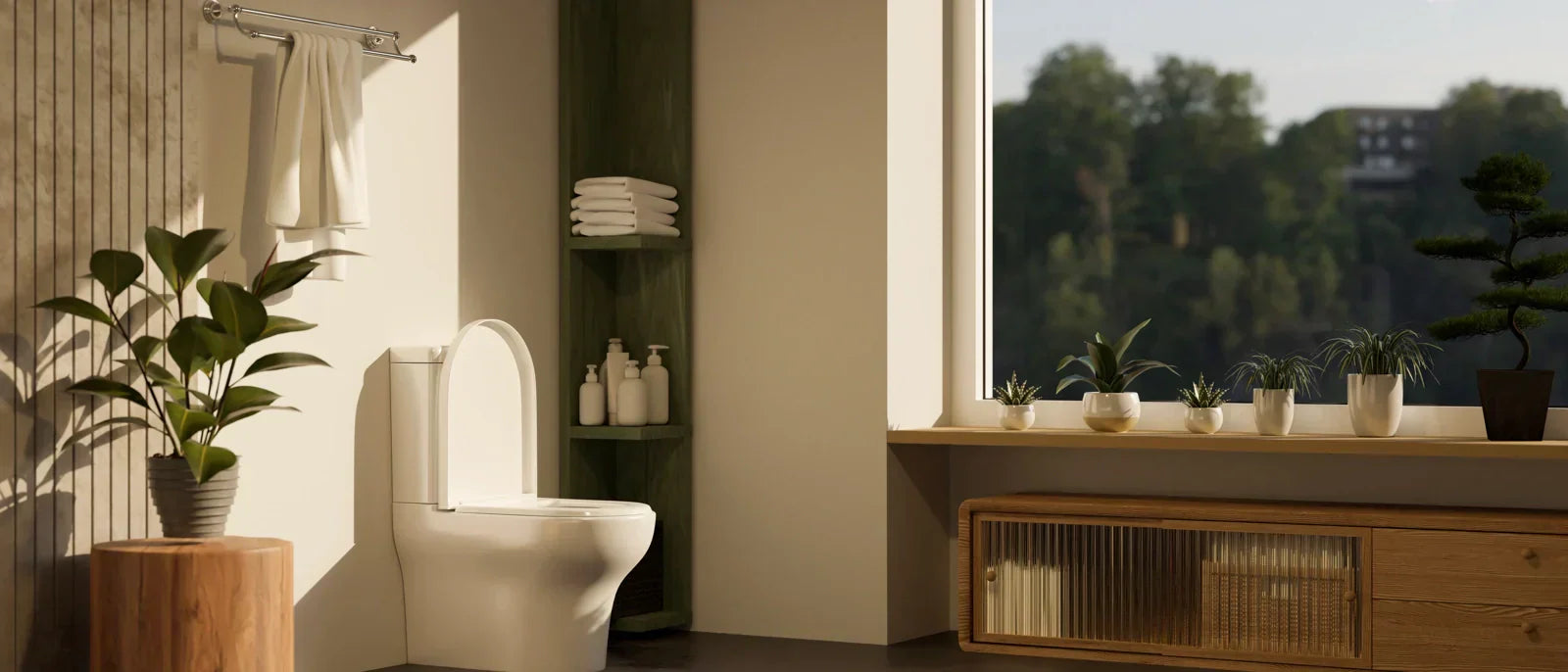Modern bathroom with a white toilet featuring quiet flush toilet technology.