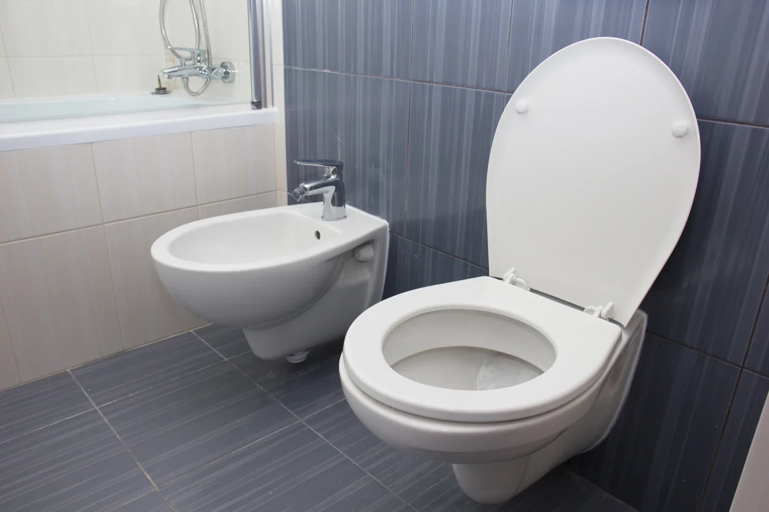 Modern bathroom with a wall-mounted bidet and toilet, tiled in grey and white.