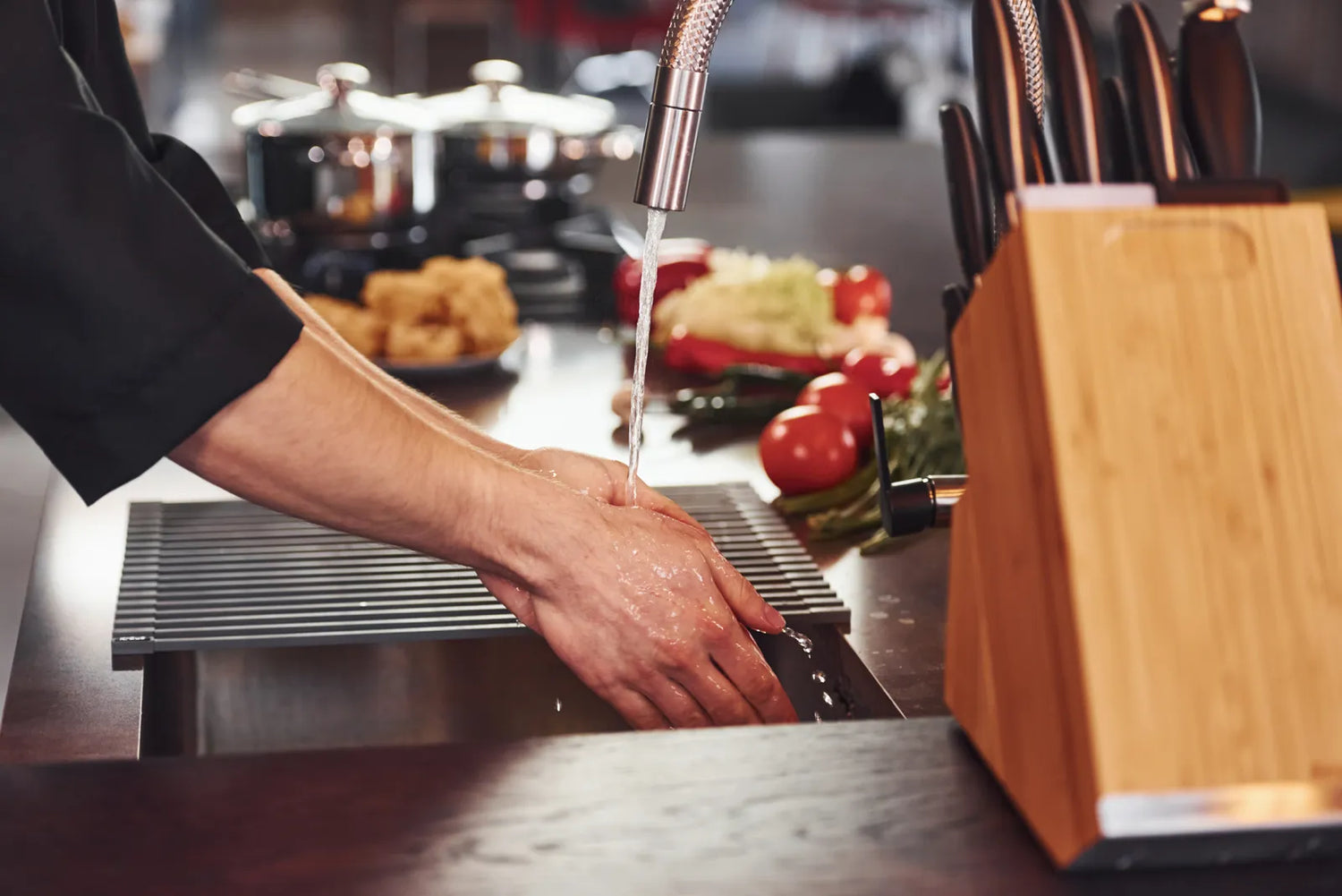 Chef washing hands at stainless steel workstation sink in a busy commercial kitchen