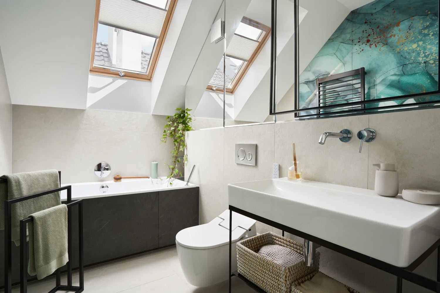 A modern bathroom features a wall-hung smart toilet with deodorization tech.