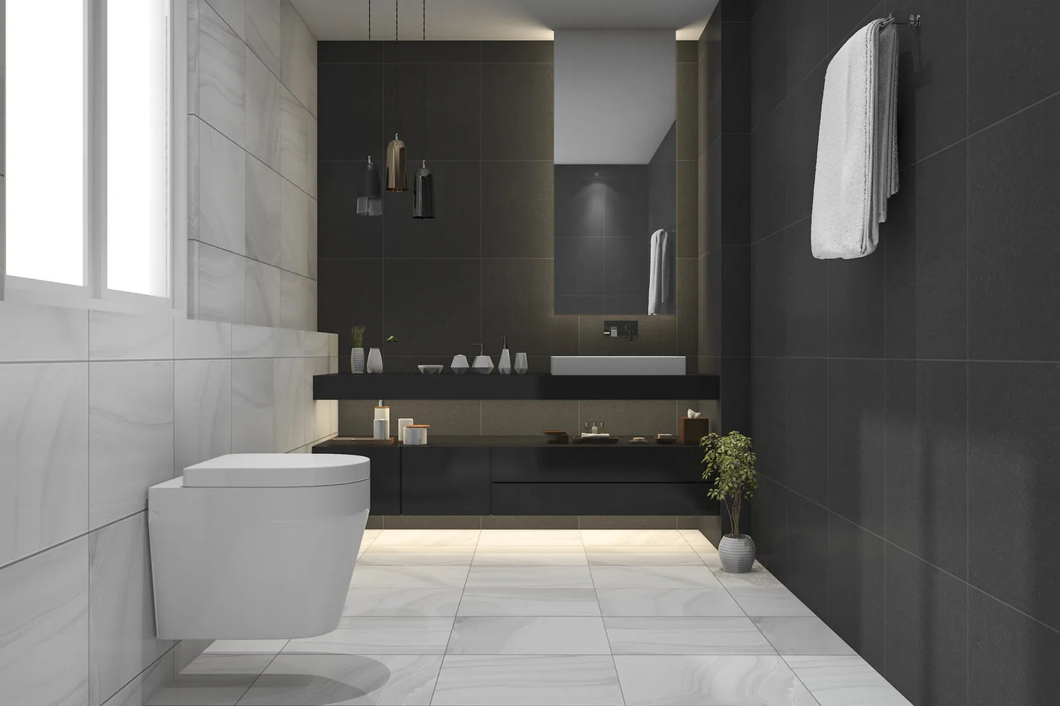 A modern, sleek white smart toilet installed in a minimalist bathroom with dark and light tiled walls, showcasing contemporary design and energy-efficient functionality.