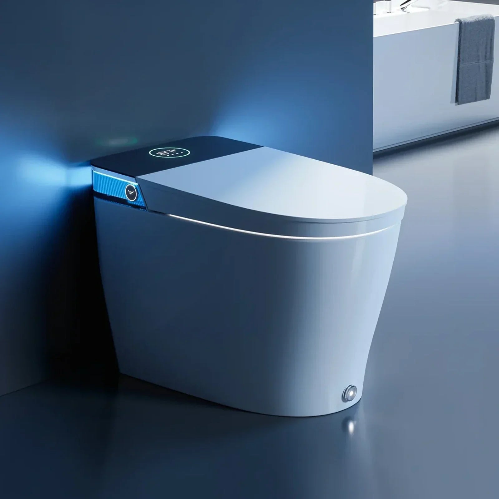 Smart toilet for seniors with built-in LED night light in a modern accessible bathroom
