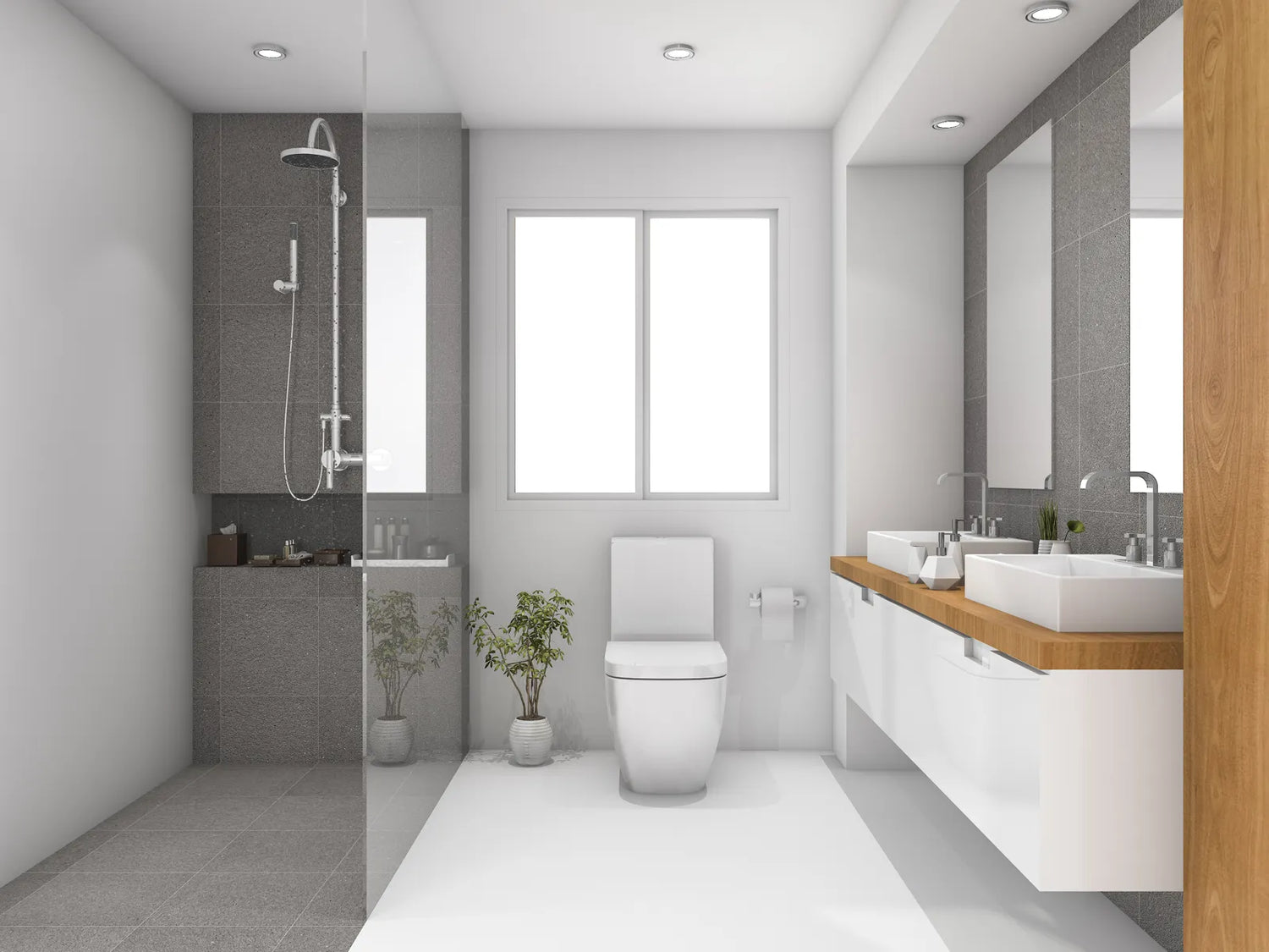 Modern bathroom with a smart white toilet, showcasing a connected bathroom space requiring reliable power surge protection.