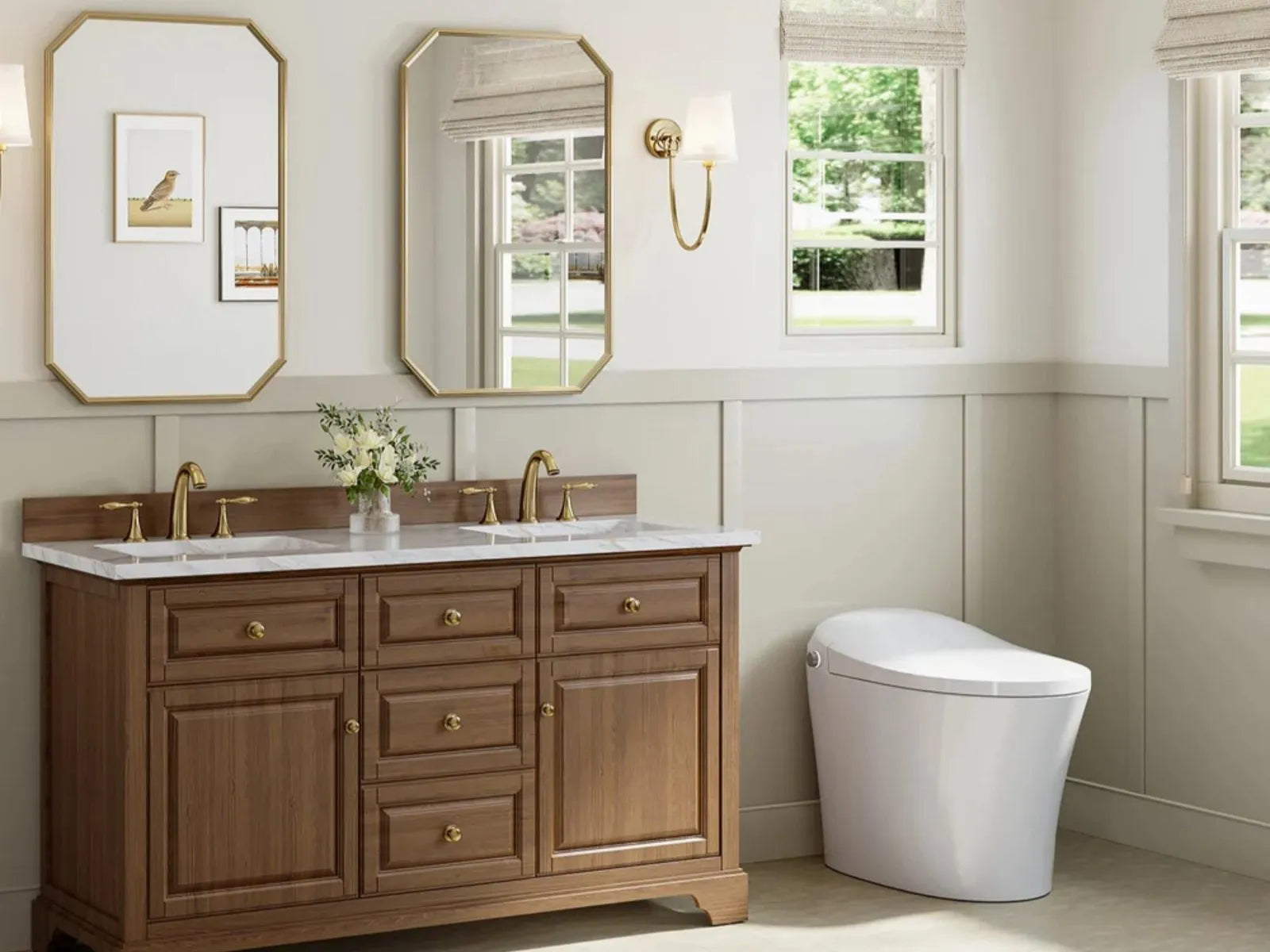 A modern smart toilet sits in a stylish bathroom, highlighting efficient water use.
