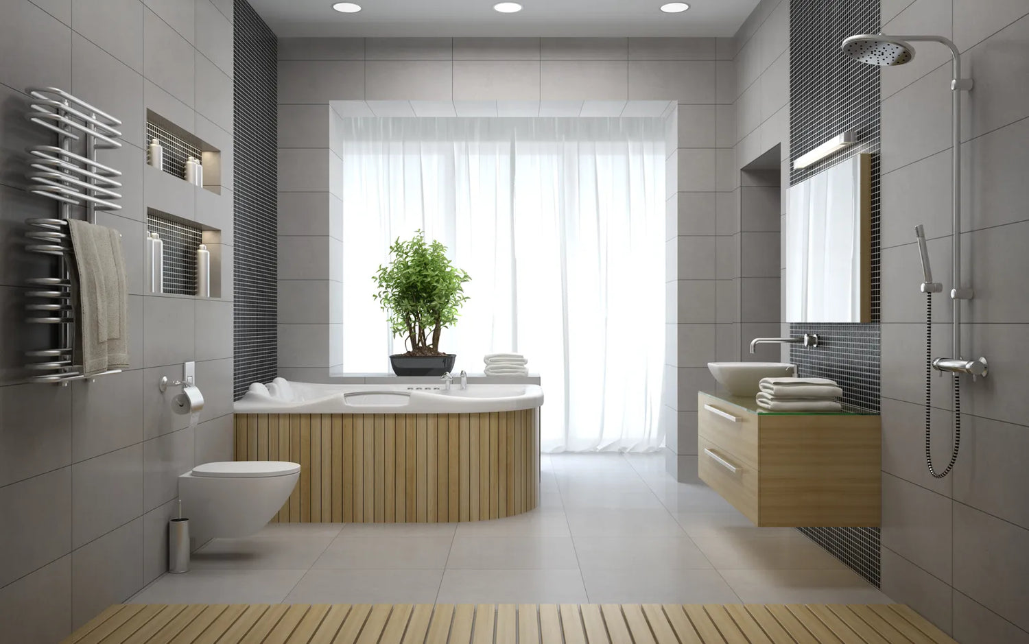Modern bathroom with a wall-mounted toilet, ideal space for installing a tankless bidet toilet with a sleek, minimalist design.