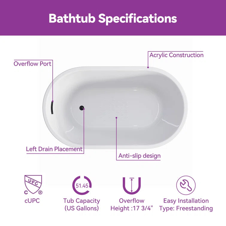 HOROW Freestanding Acrylic Bathtub 47 inch Soaking Tub Model TU47-MB-NS