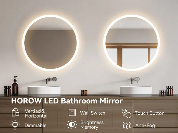HOROW Round Wall Mirror 32 Inch Round LED Mirror Bathroom Model AM80R