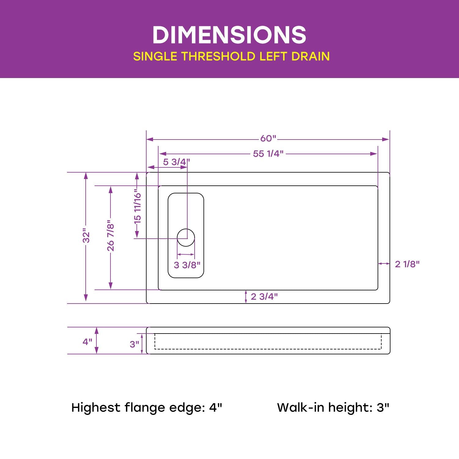 60 inch Shower Pan with Left Drain and 3-Sided Flange Model BS6032-MB-L