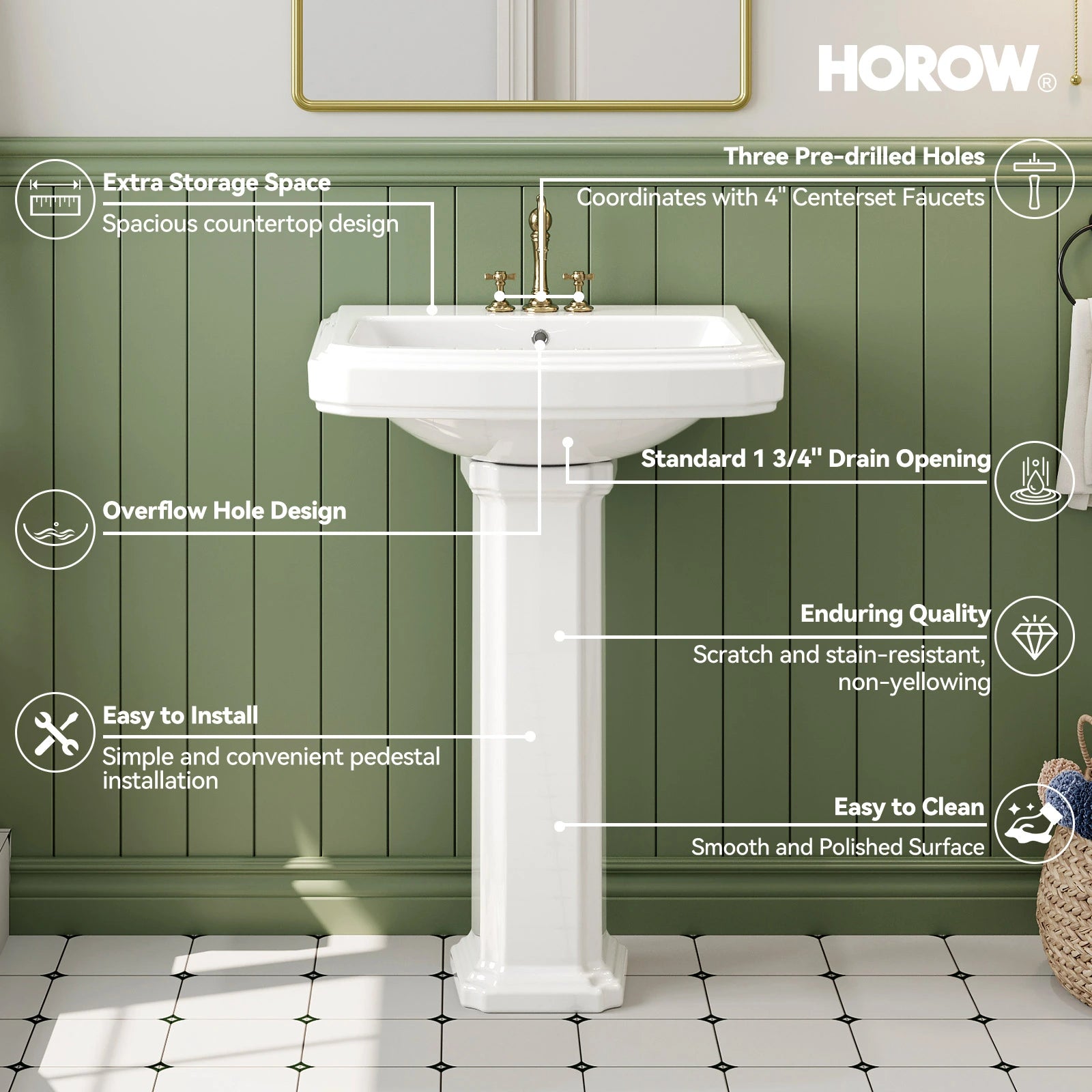 Rectangular Pedestal Sink with Overflow and Ceramic Model CBS-S03