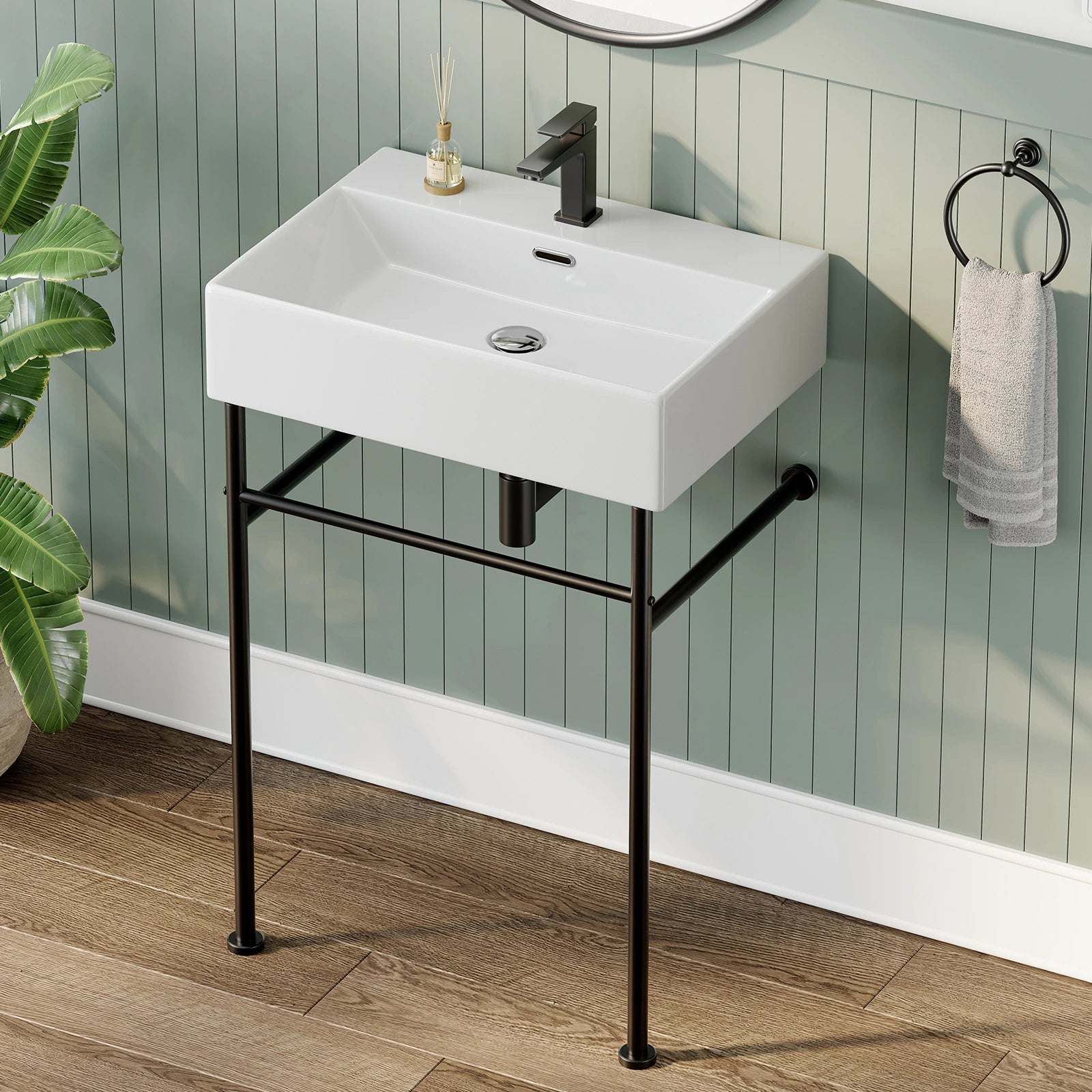 Console Bathroom Sink with Black Legs and Drain Fit Model CS6042-MB