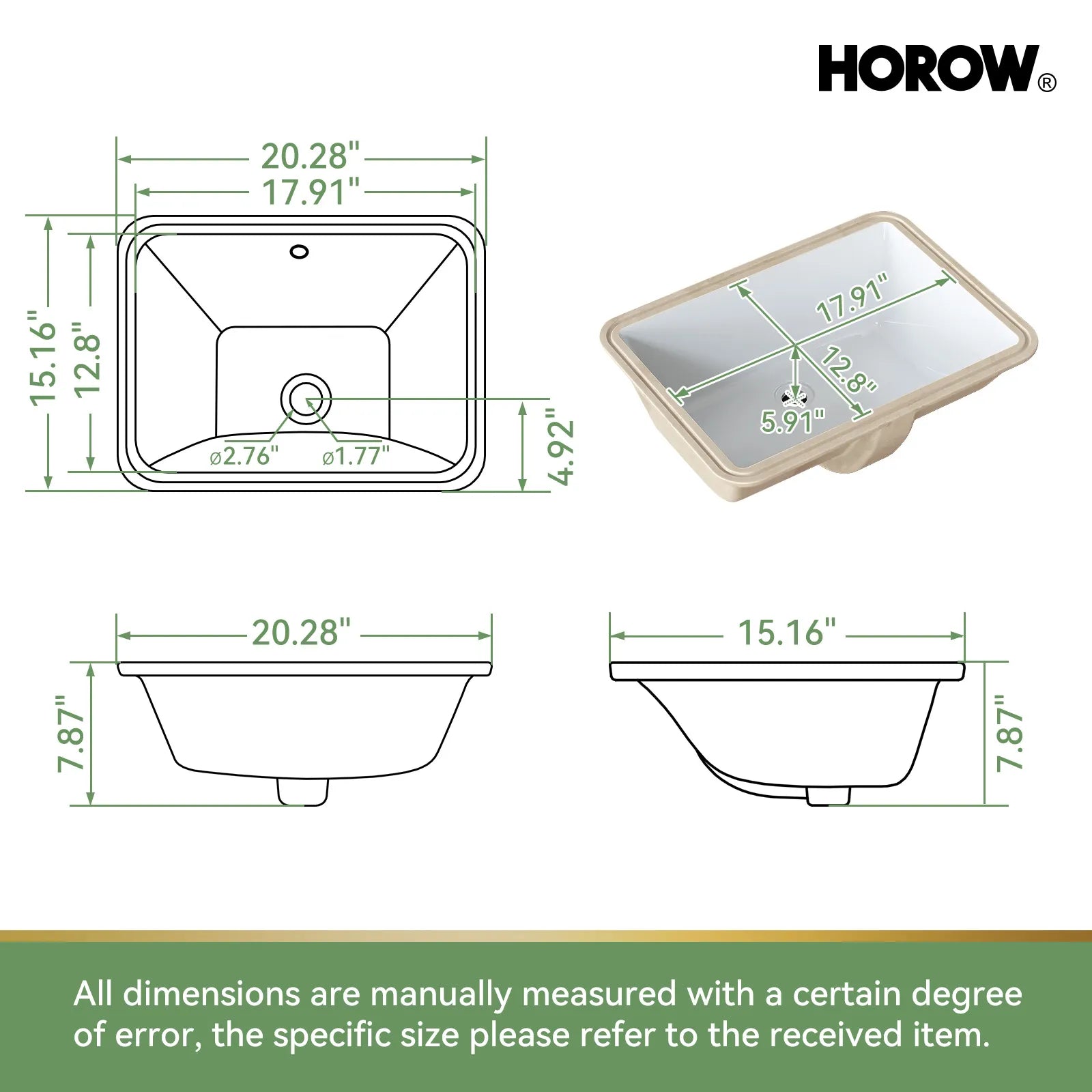 HOROW Rectangular Undermount Bathroom Sink 20 Inch Undermount Sink Model HWTP-S5138D