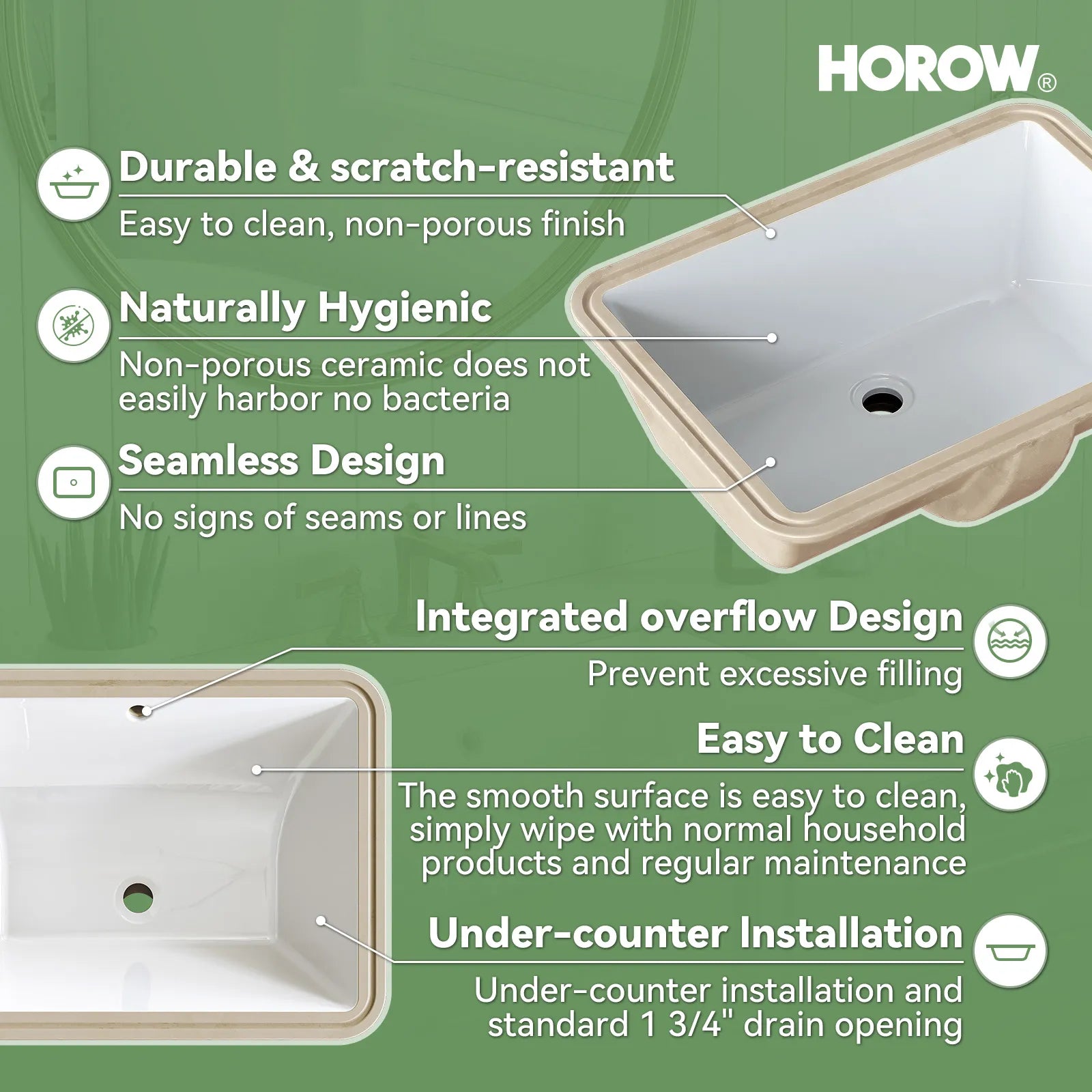 HOROW Rectangular Undermount Bathroom Sink 20 Inch Undermount Sink Model HWTP-S5138D