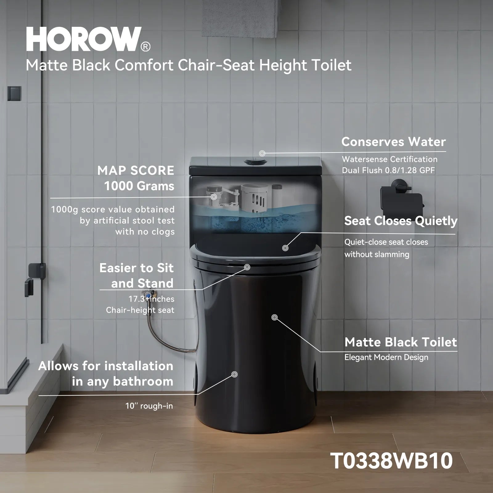 HOROW 10 Inch Rough In Toilet Black One Piece Toilet Model T0338B-10