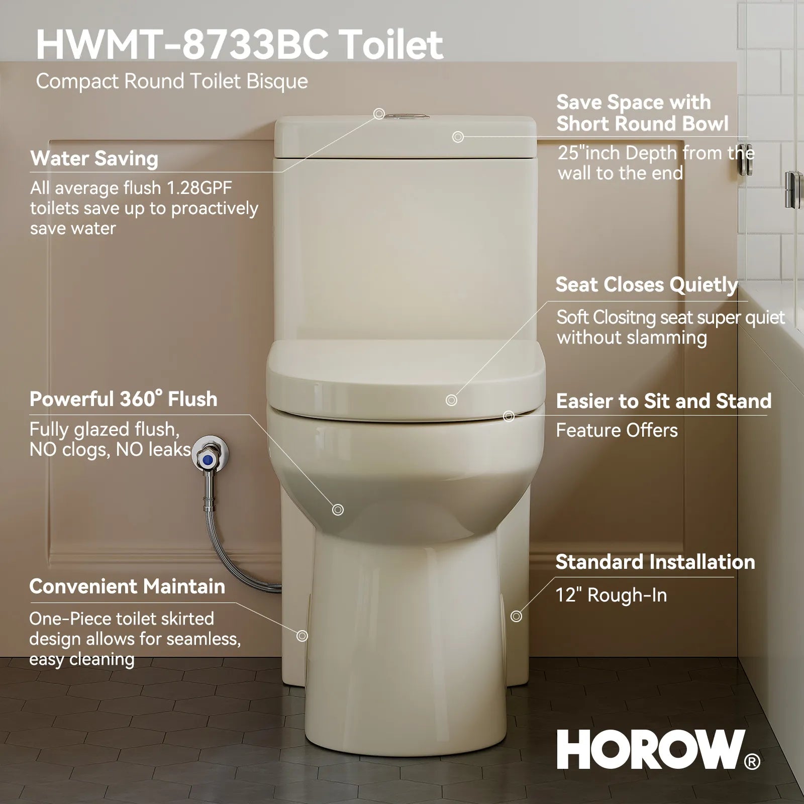HOROW HWMT 8733 12 Inch Compact Biscuit Toilet One Piece Dual Flush Toilet Model 8733BC