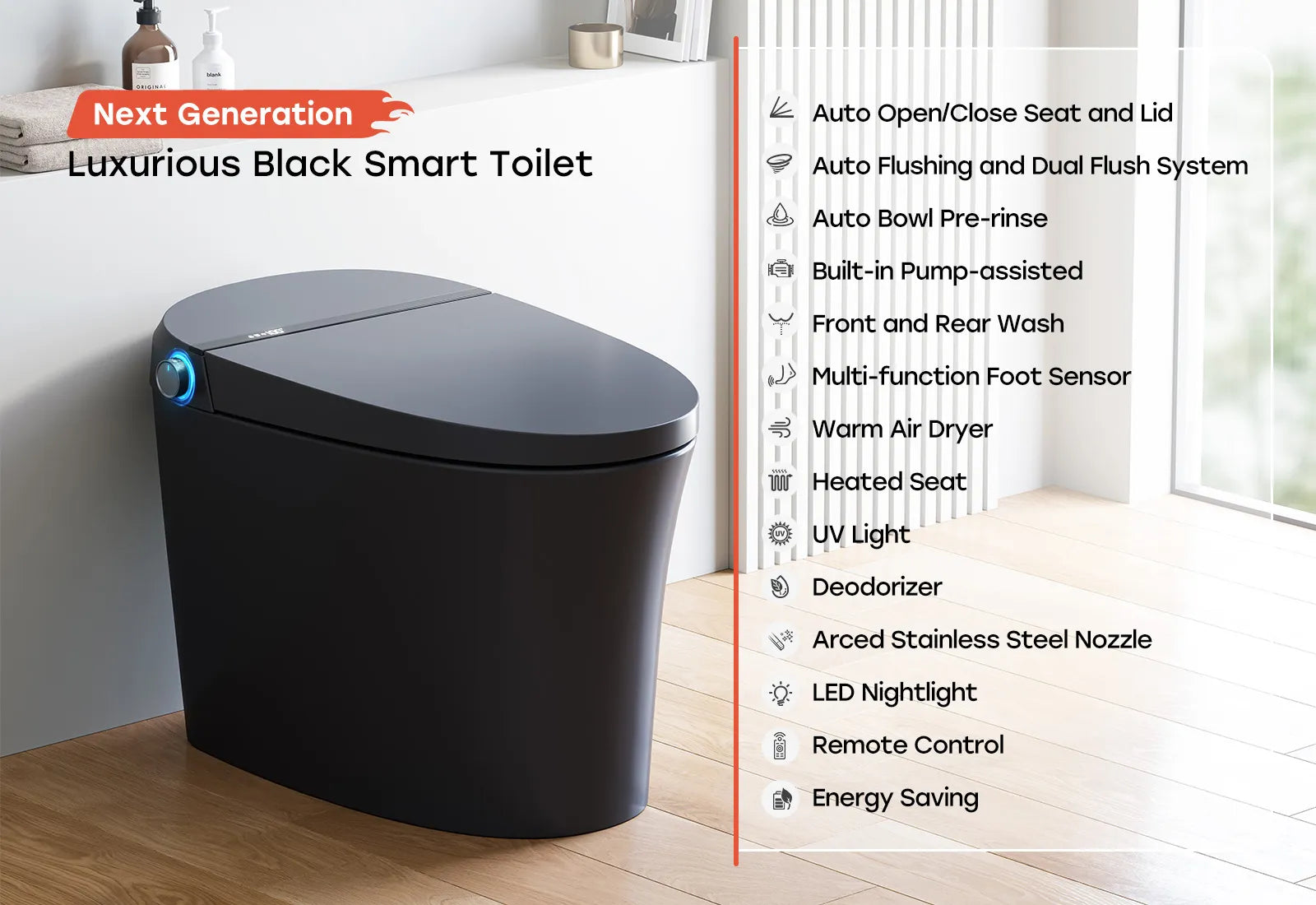 Black Smart Toilet with Bidet Seat For 12 Inch Rough In Model T36