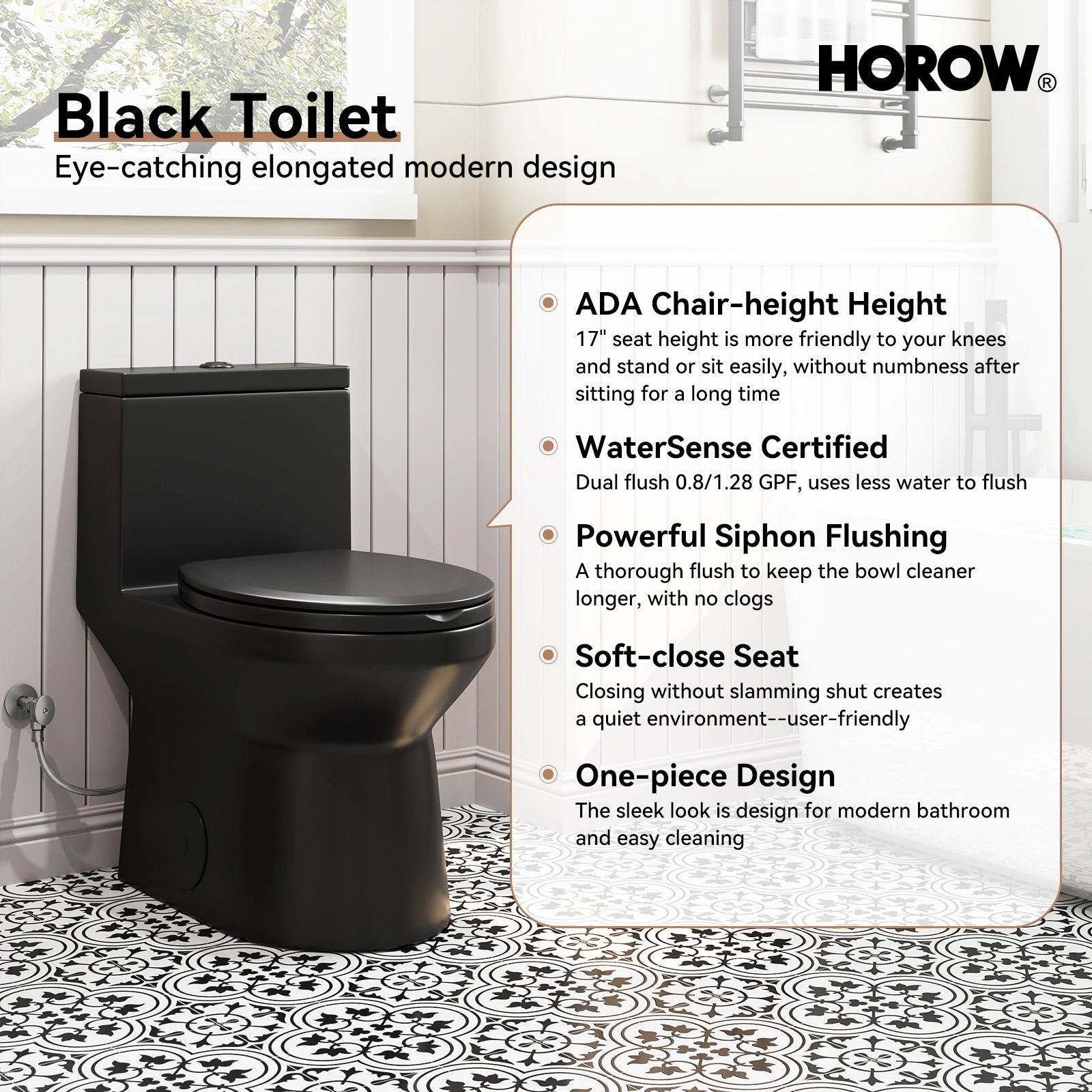 Black One Piece Toilet with ADA Compliant Water Conservation Model HWMT-138B