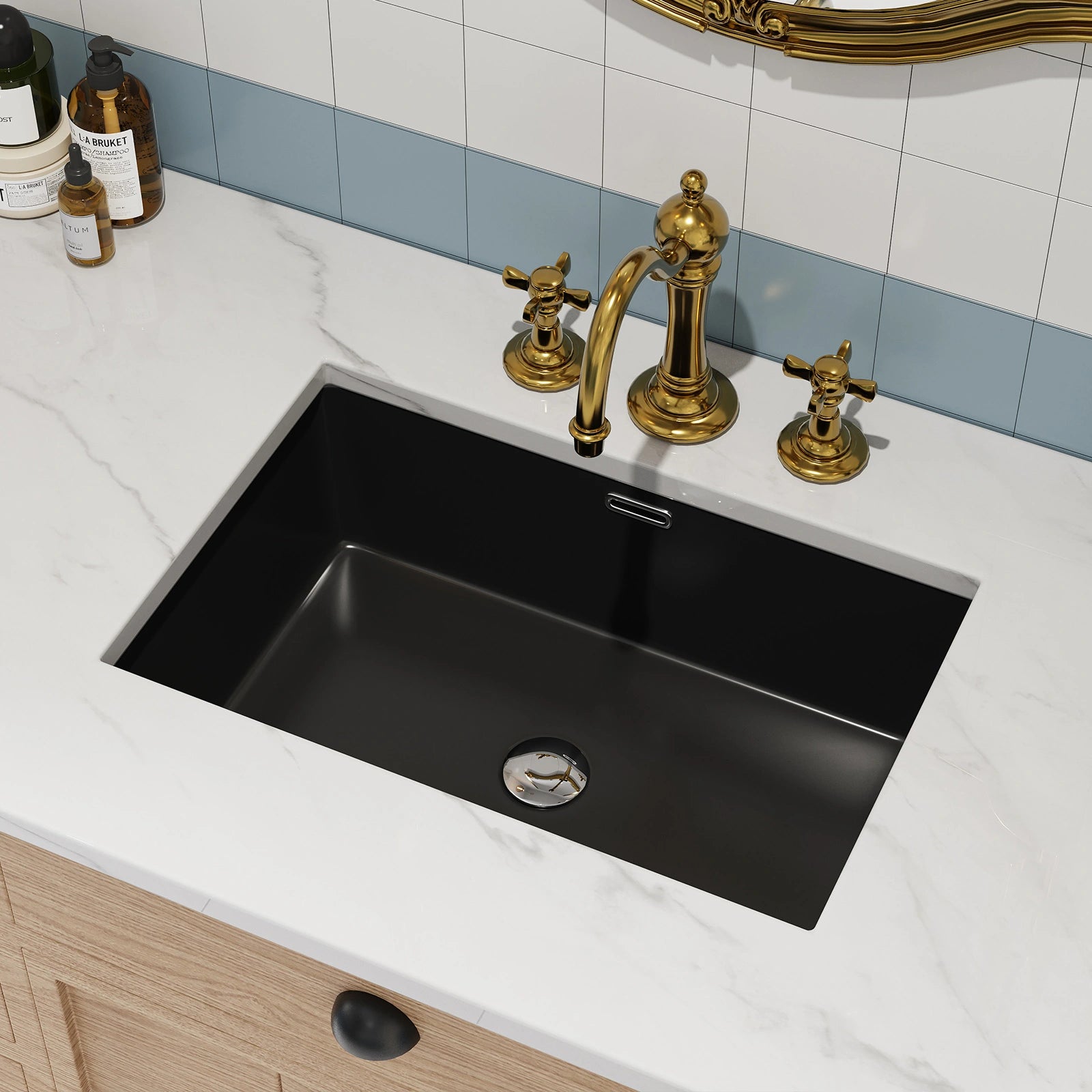 Flush Mount Black Sink with Overflow and Seamless Model HWTP-S6039D-B