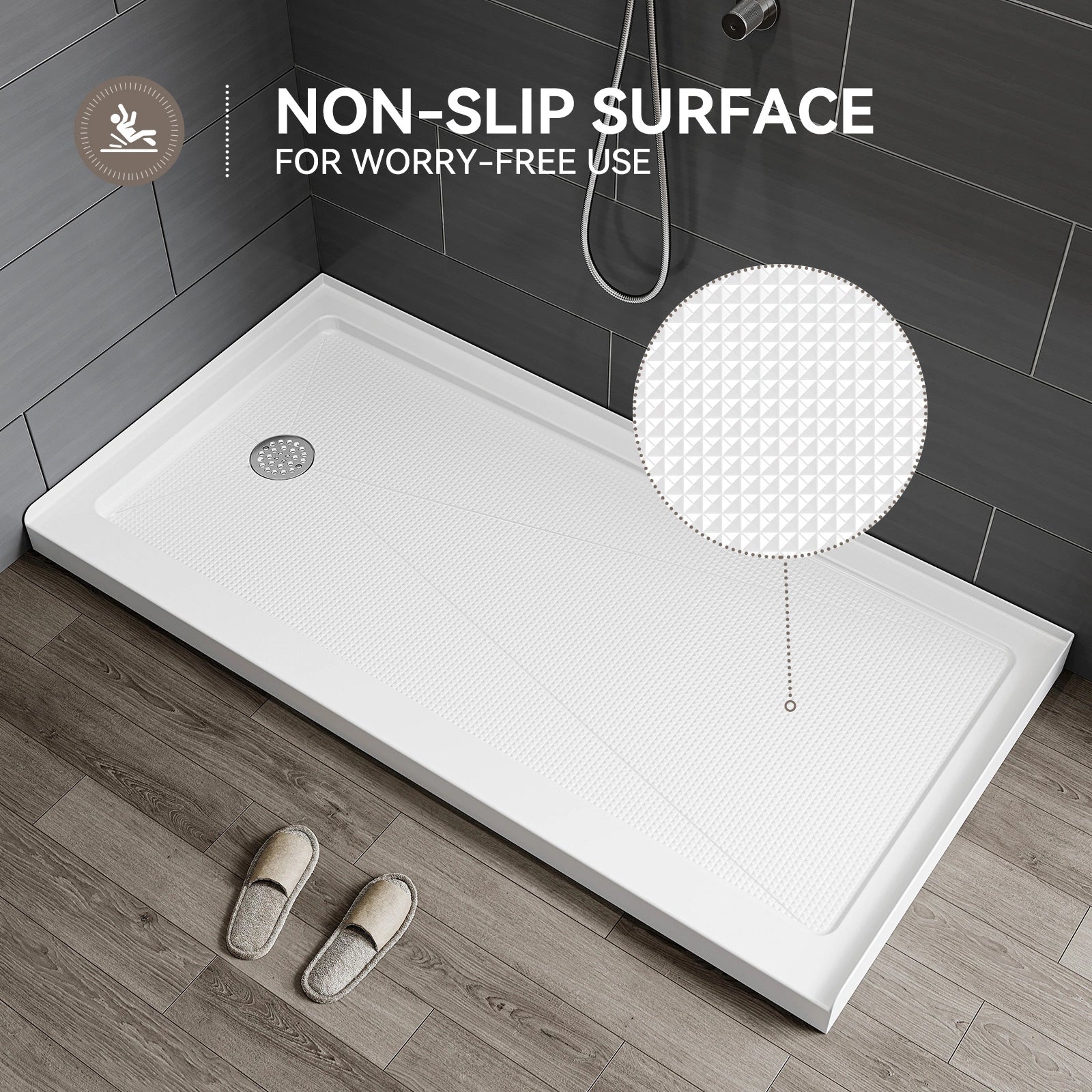 HOROW Acrylic Shower Base with Wider Threshold and Chrome Left Drain model BS6030-CH-L