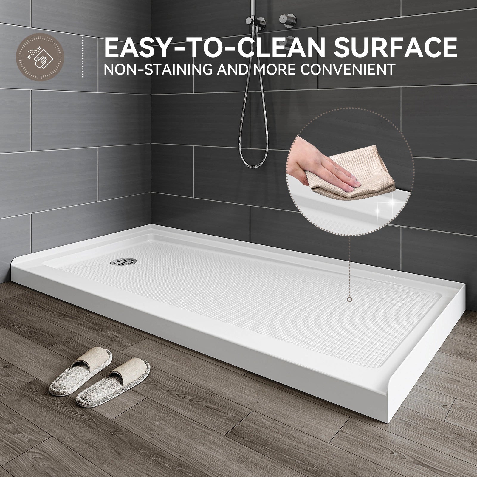 HOROW Acrylic Shower Base with Wider Threshold and Chrome Left Drain model BS6030-CH-L