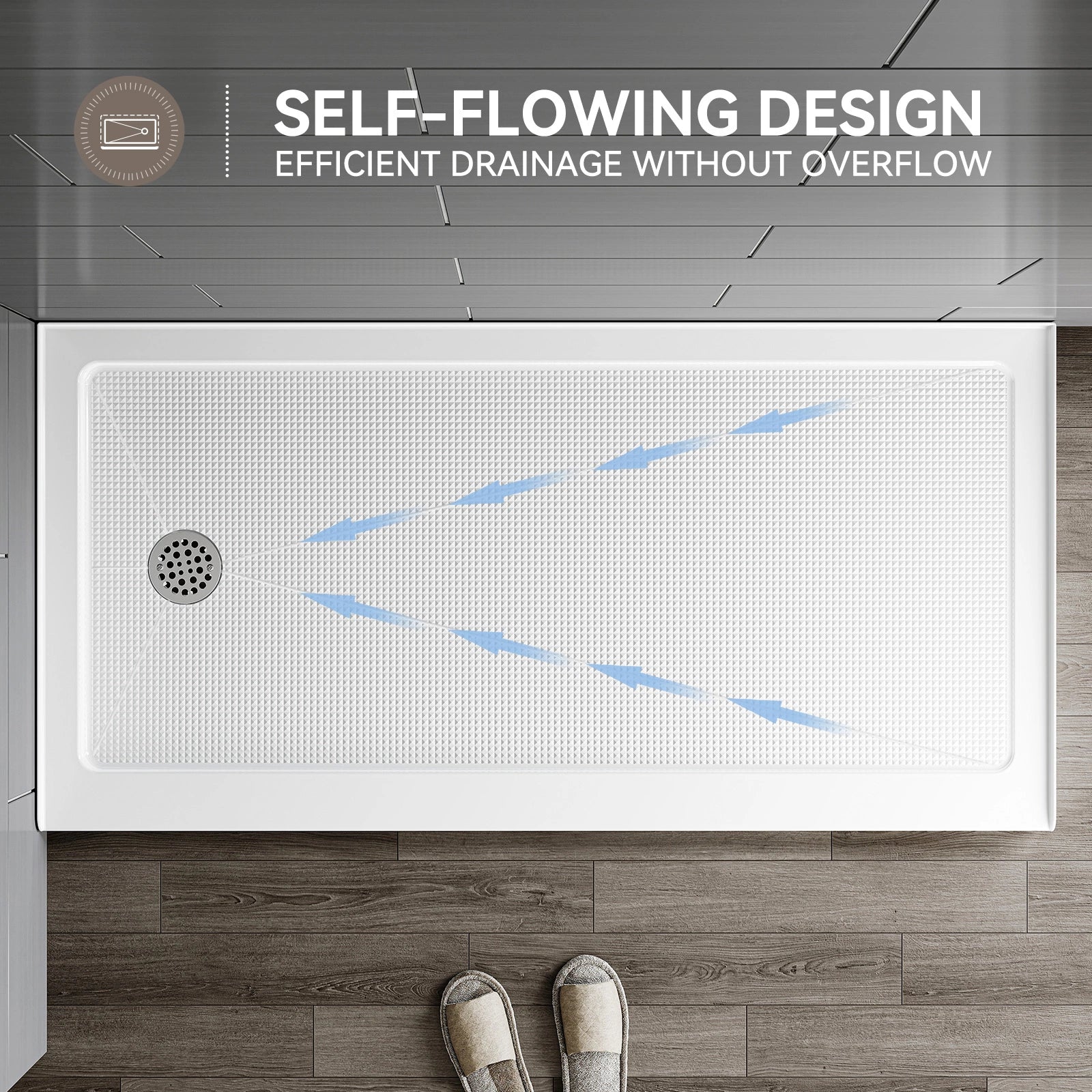HOROW Acrylic Shower Base with Wider Threshold and Chrome Left Drain model BS6030-CH-L