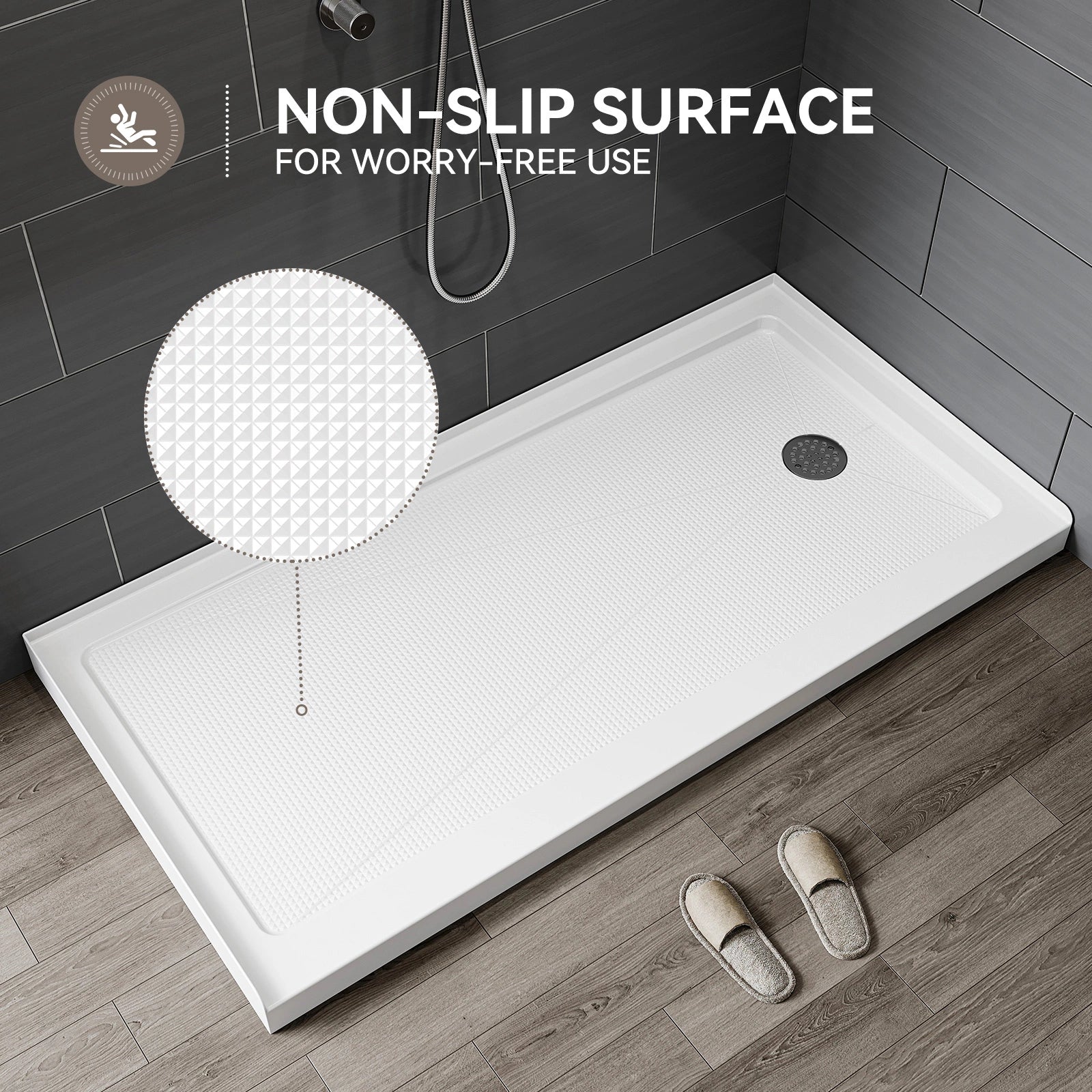 HOROW BS6030-MB-R Shower Base – 60" x 30" Right Drain Non-Slip