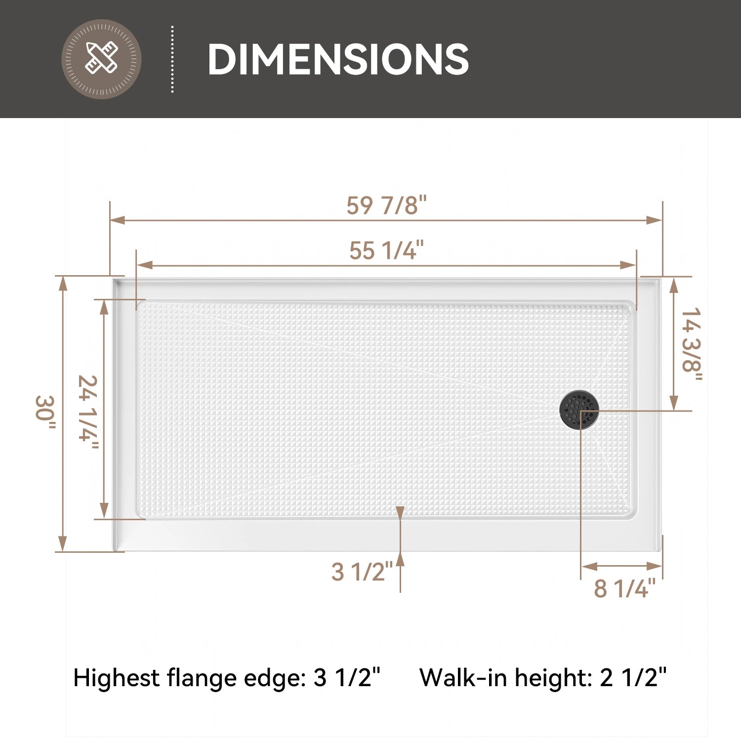 HOROW BS6030-MB-R Shower Base – 60" x 30" Right Drain Non-Slip