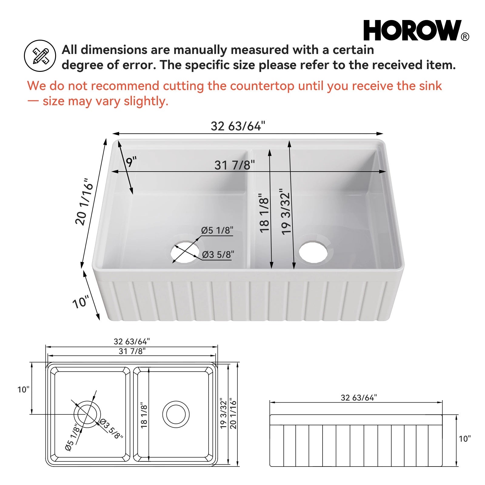 HOROW 33" Double Bowl Ceramic Kitchen Sink with Drainboard