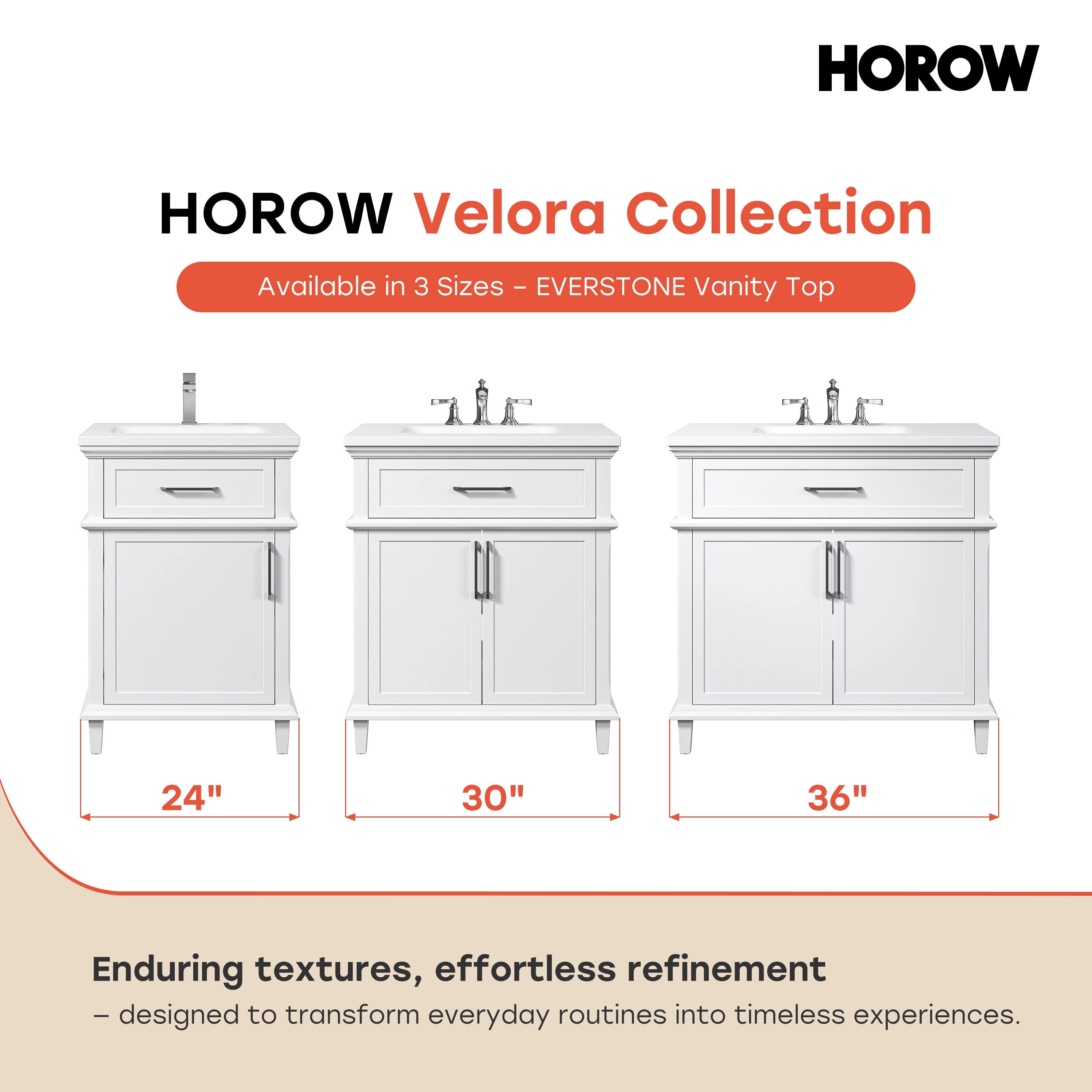 HOROW VNA Series Freestanding Bathroom Vanity with EVERSTONE Solid Surface Top – 24", 30", 36"
