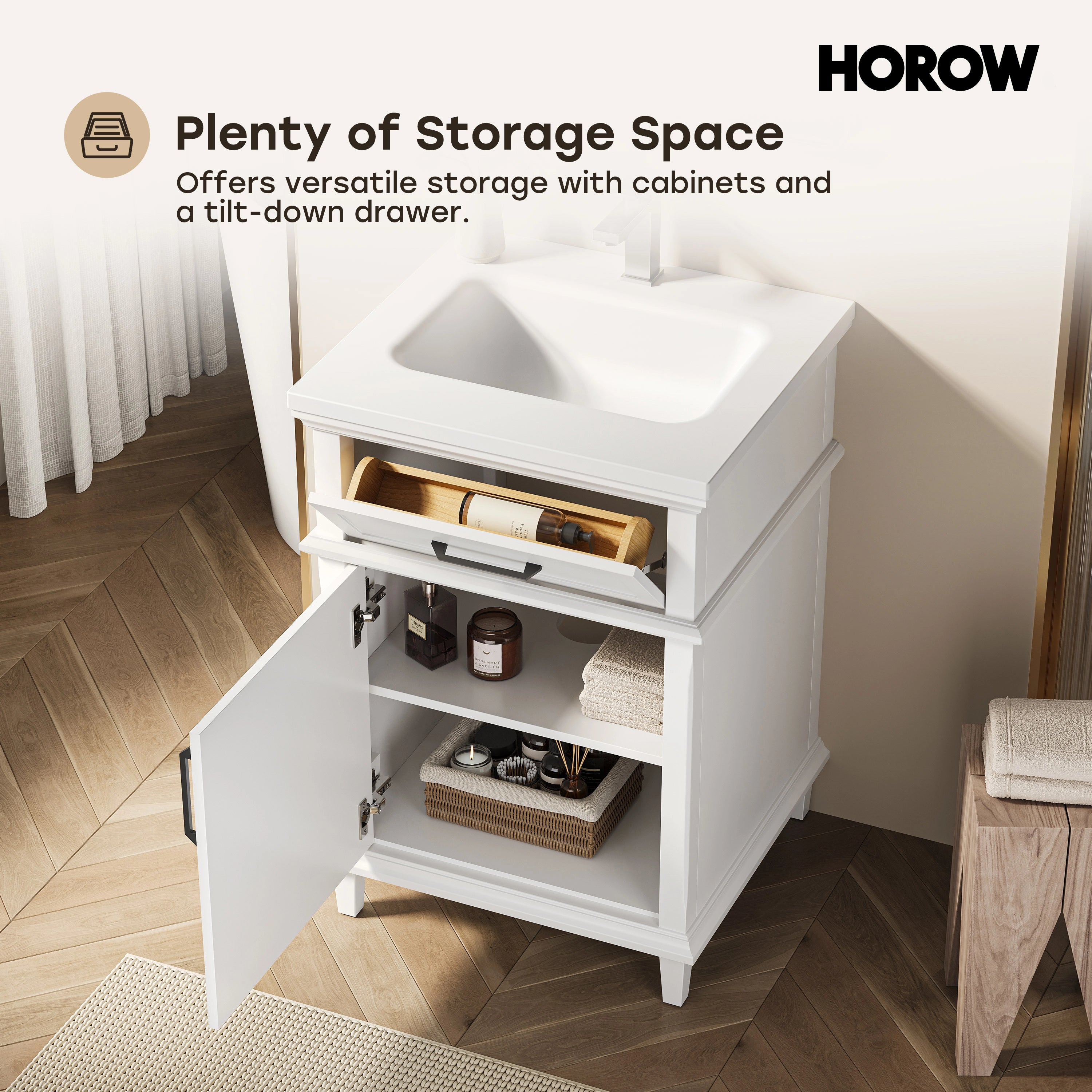 HOROW VNA Series Freestanding Bathroom Vanity with EVERSTONE Solid Surface Top – 24", 30", 36"