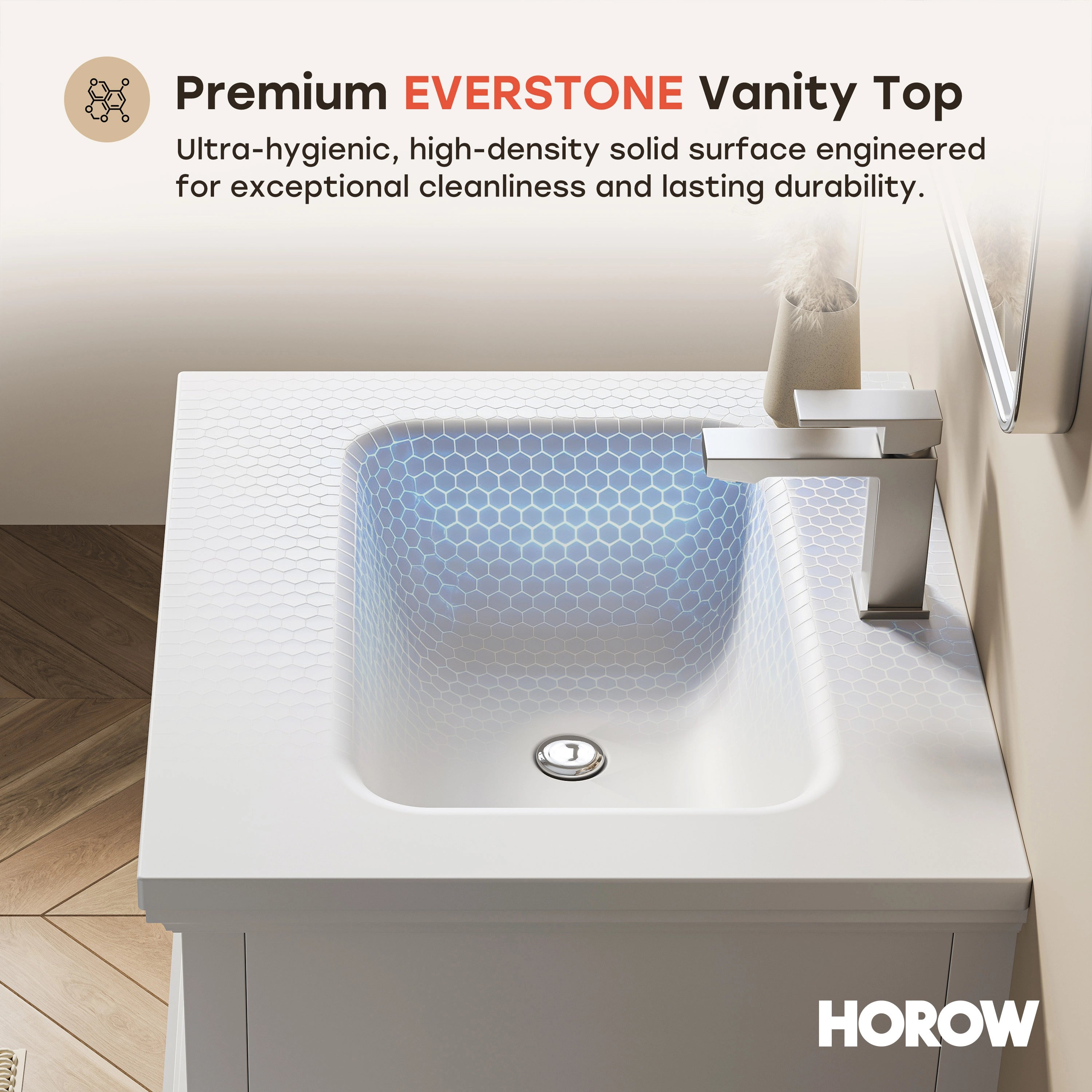 HOROW VNA Series Freestanding Bathroom Vanity with EVERSTONE Solid Surface Top – 24", 30", 36"