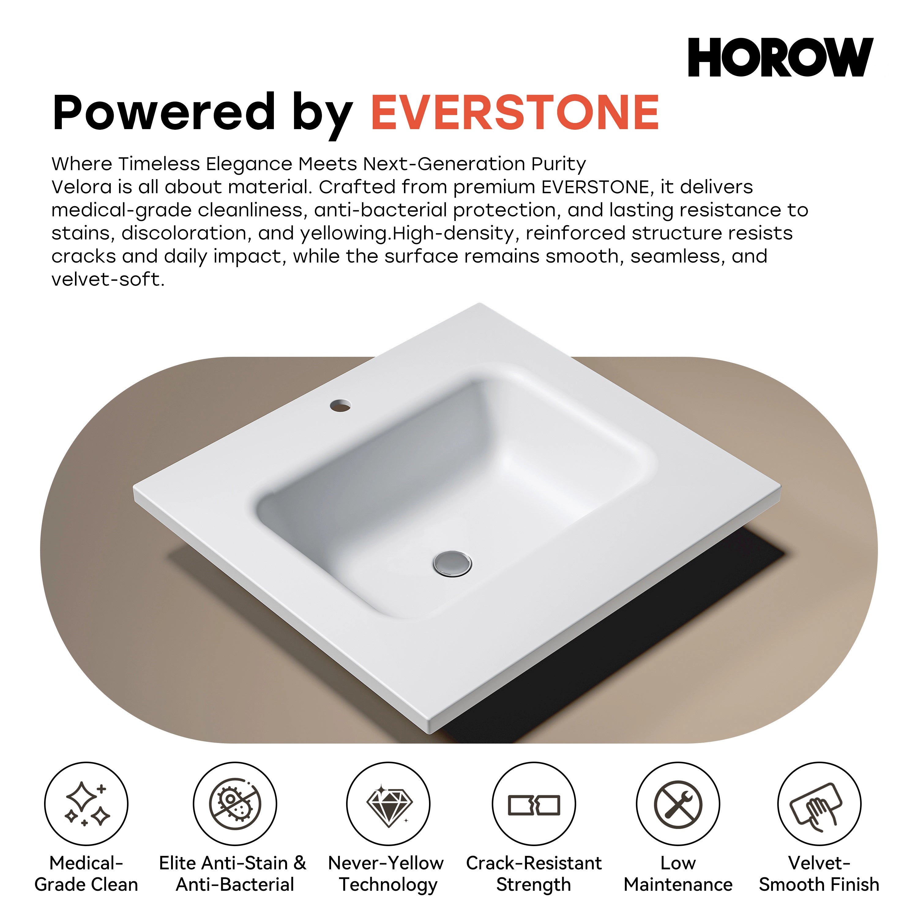 HOROW VNA Series Freestanding Bathroom Vanity with EVERSTONE Solid Surface Top – 24", 30", 36"