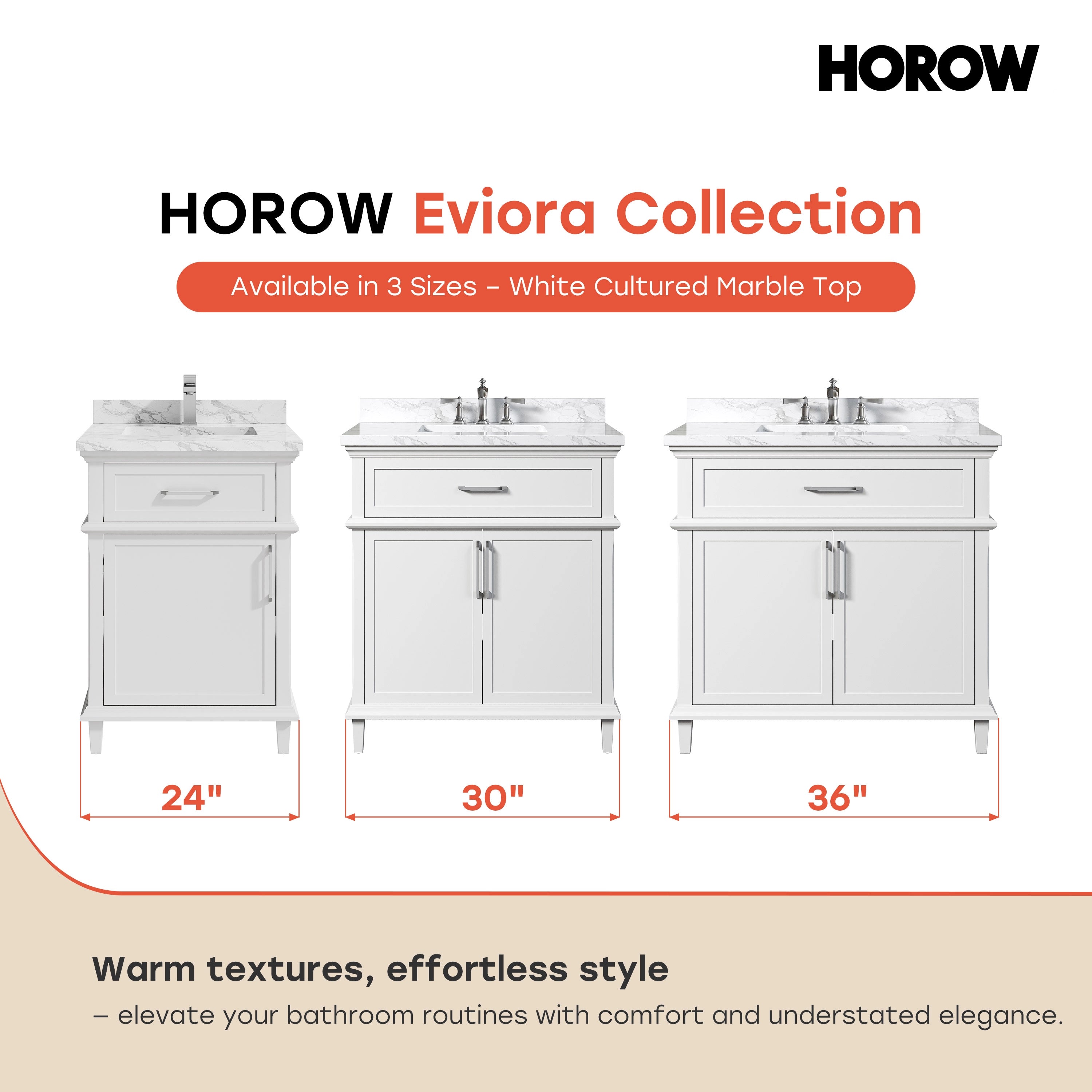 HOROW VNB Series Freestanding Bathroom Vanity with Cultured Marble Top | 24", 30" & 36" Sizes