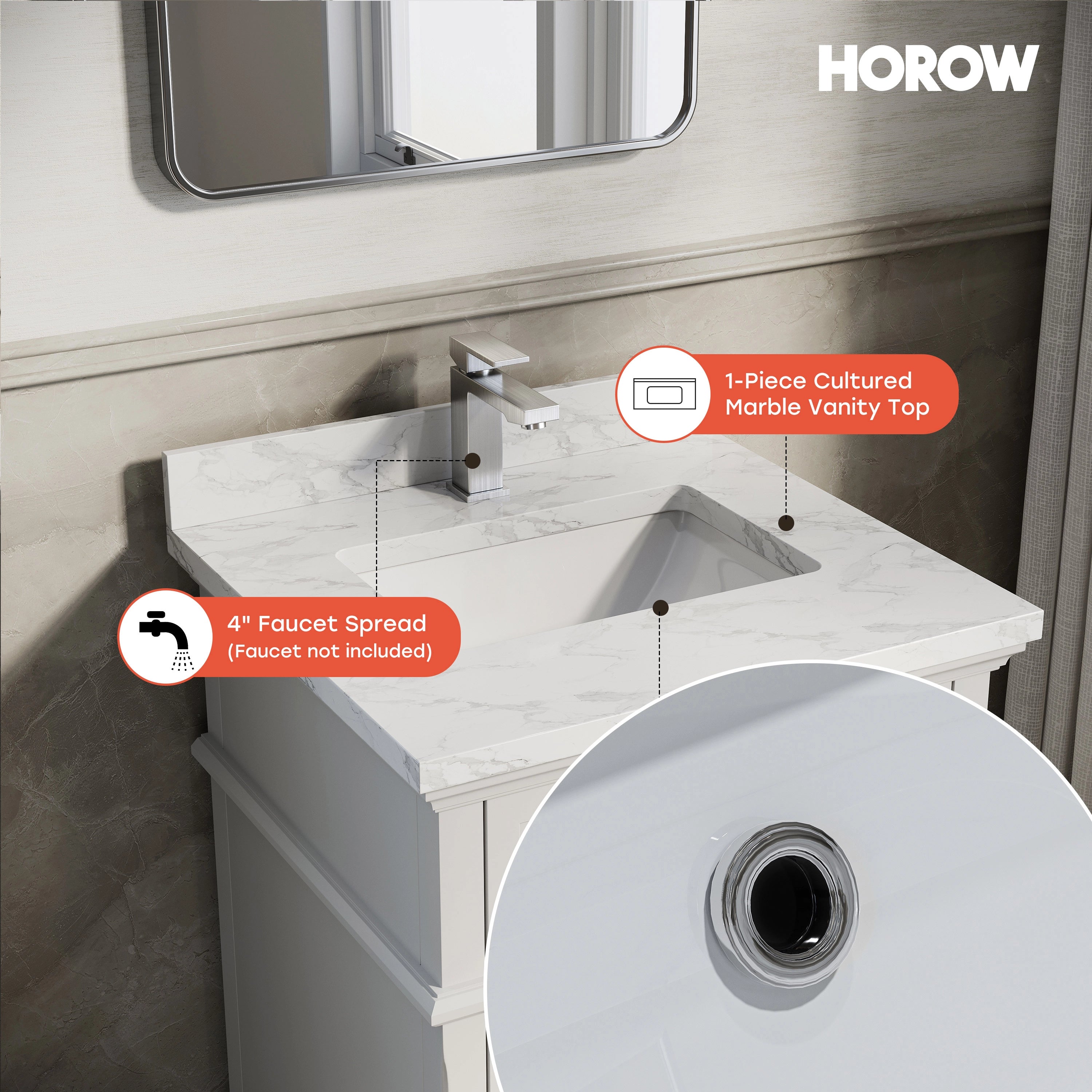 HOROW VNB Series Freestanding Bathroom Vanity with Cultured Marble Top | 24", 30" & 36" Sizes