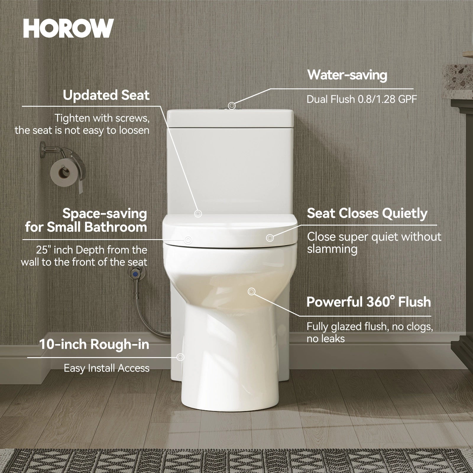 HOROW Small Toilet 1.28 GPF 10 Inch Rough In Toilet Model 8733-10