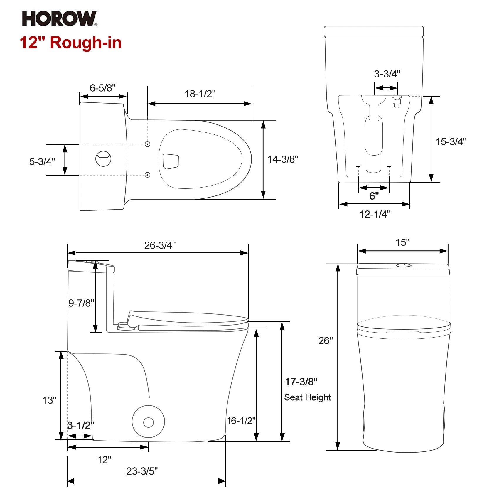 HOROW T0338W Elongated One Piece Toilet ADA Toilet Height 17.3 Inch