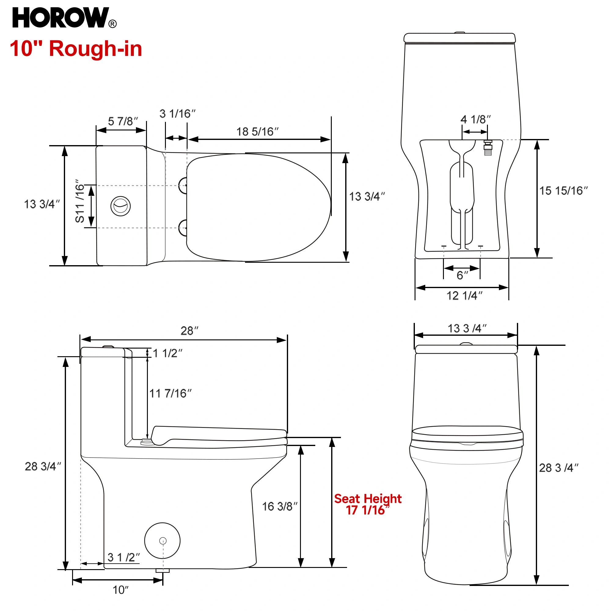 HOROW HWMT-138-10 One-Piece Toilet – ADA Dual Flush 10" Rough-In