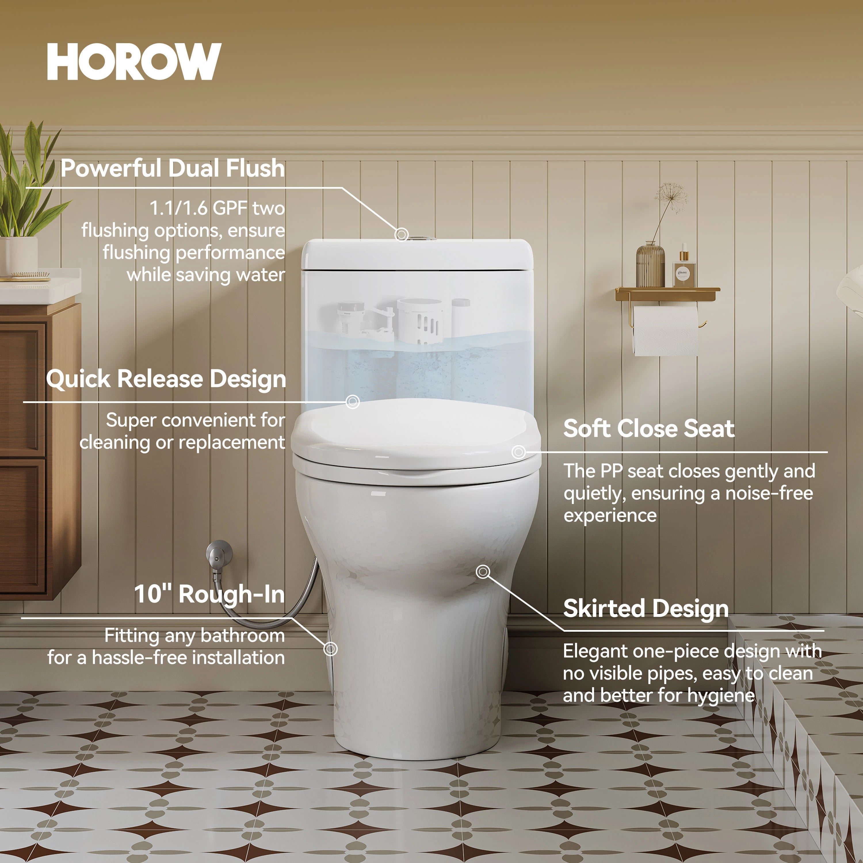 HOROW 76D-10 One-Piece Toilet – 10 Inch Rough-In with Dual Flush