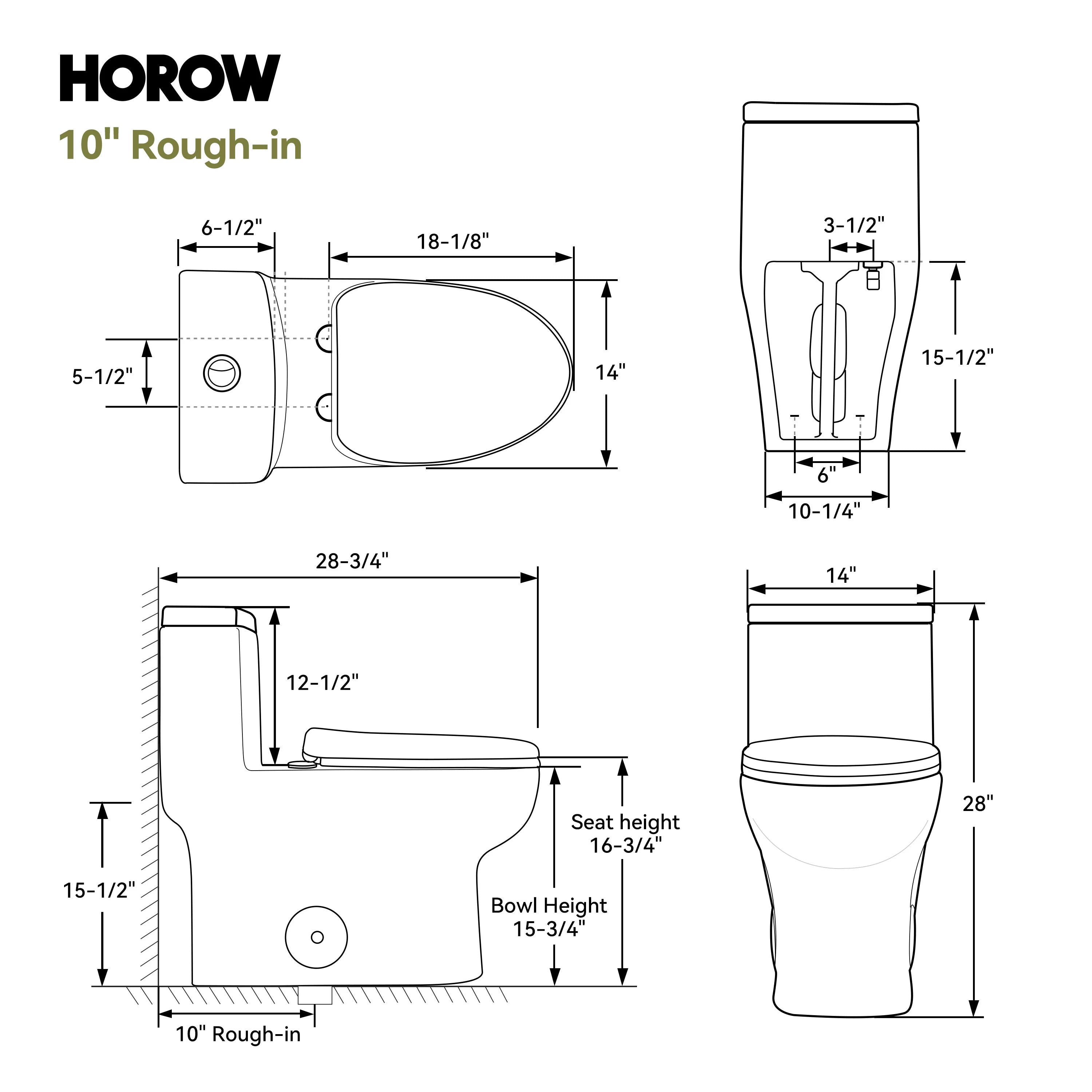 HOROW 76D-10 One-Piece Toilet – 10 Inch Rough-In with Dual Flush