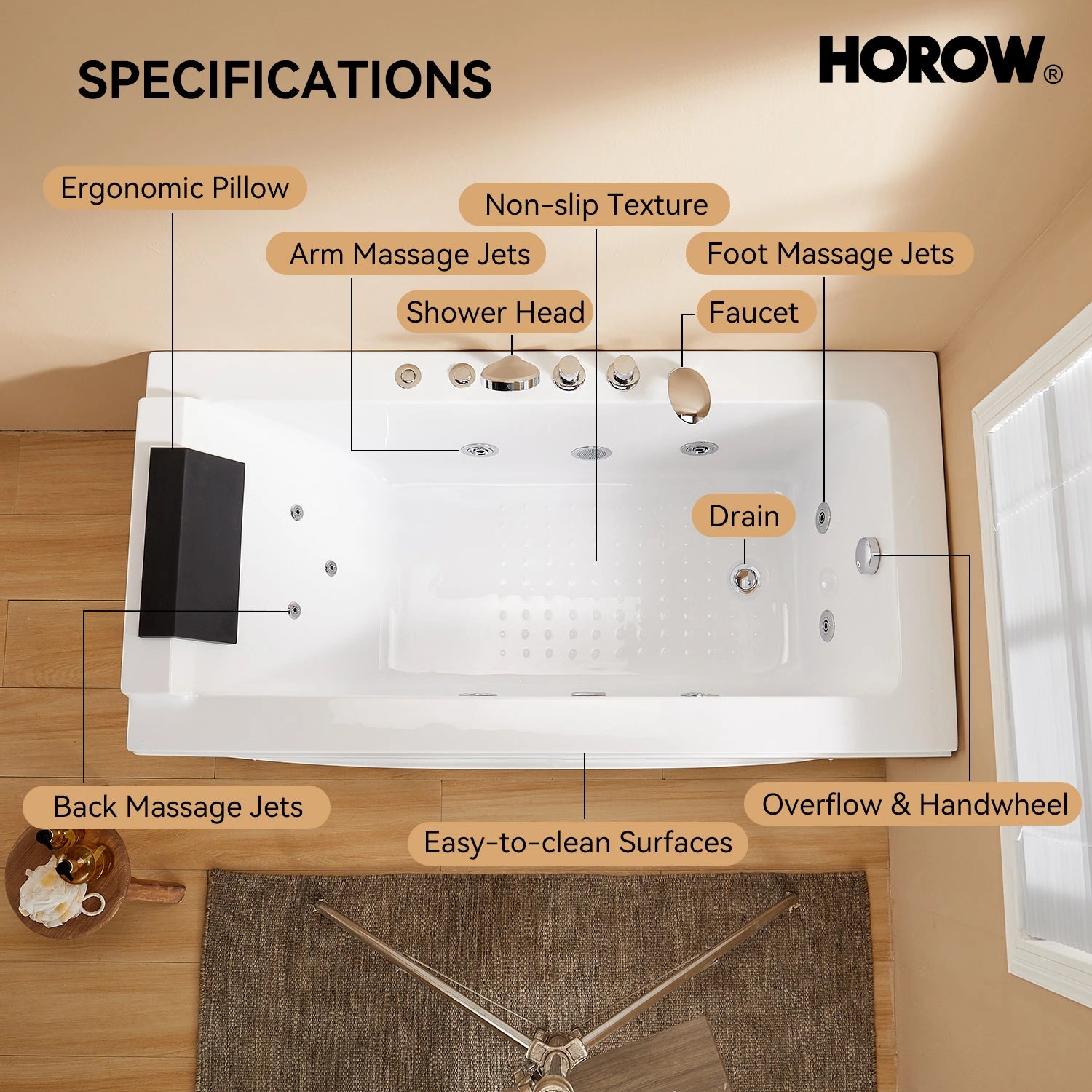 HOROW M59-R 59" Acrylic Massage Bathtub with Right Drain