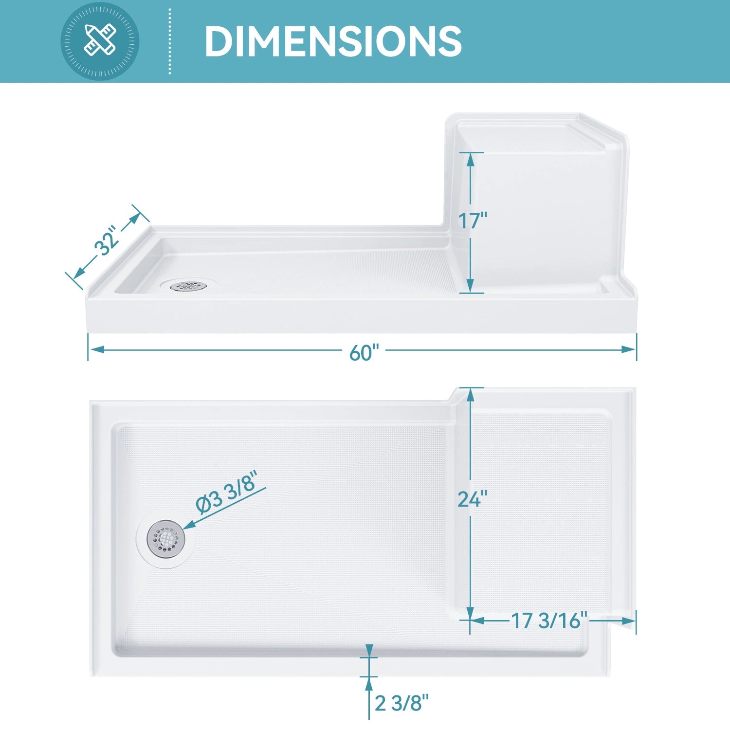 Shower Base with Chrome Left Drain and Seat Model SS6032-CH-L
