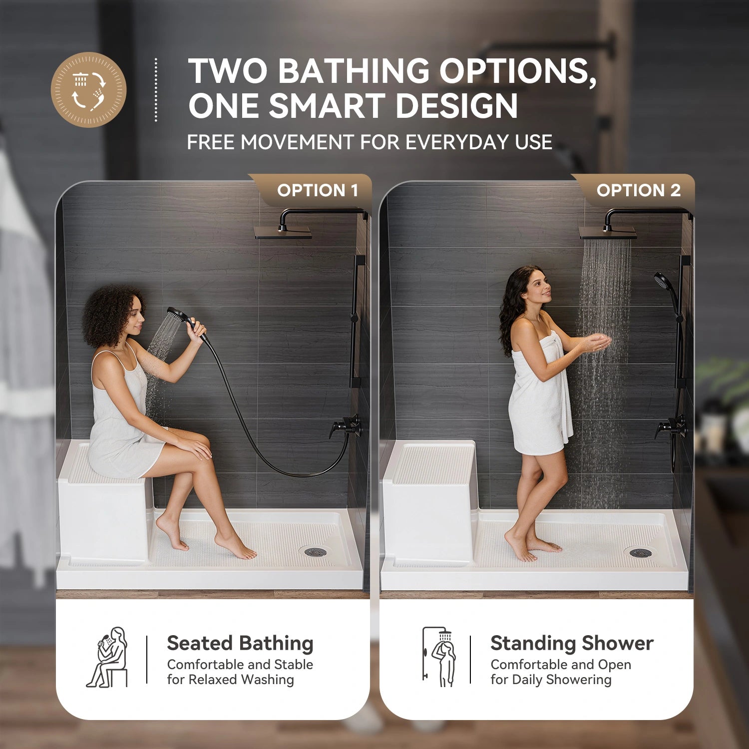 HOROW SS6032-CH-R 60" Shower Pan with ADA Seat Height & Right Drain