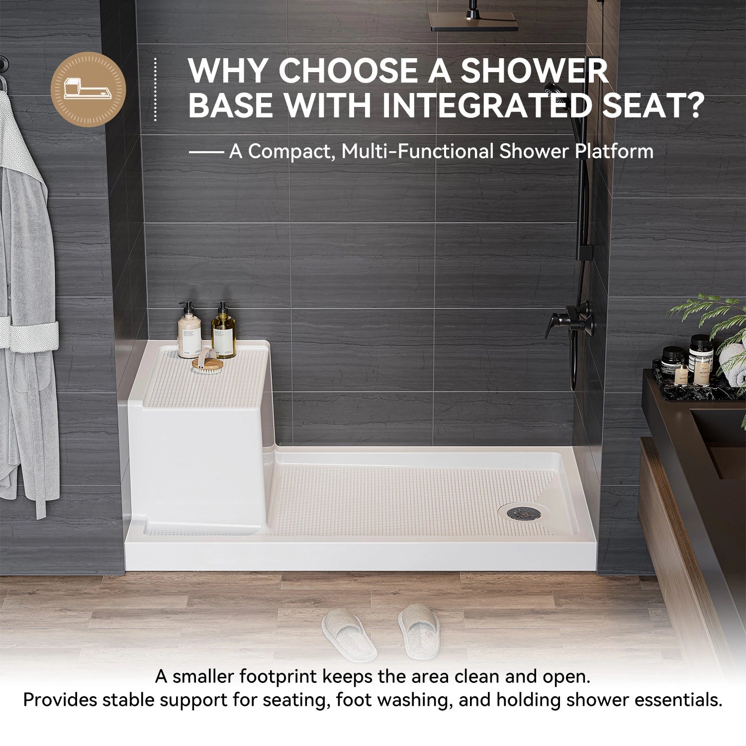 HOROW SS6032-CH-R 60" Shower Pan with ADA Seat Height & Right Drain