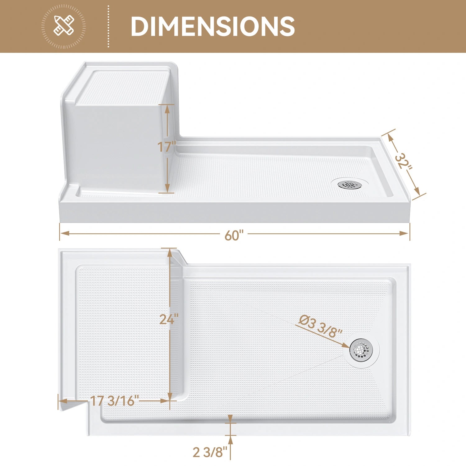 HOROW SS6032-CH-R 60" Shower Pan with ADA Seat Height & Right Drain