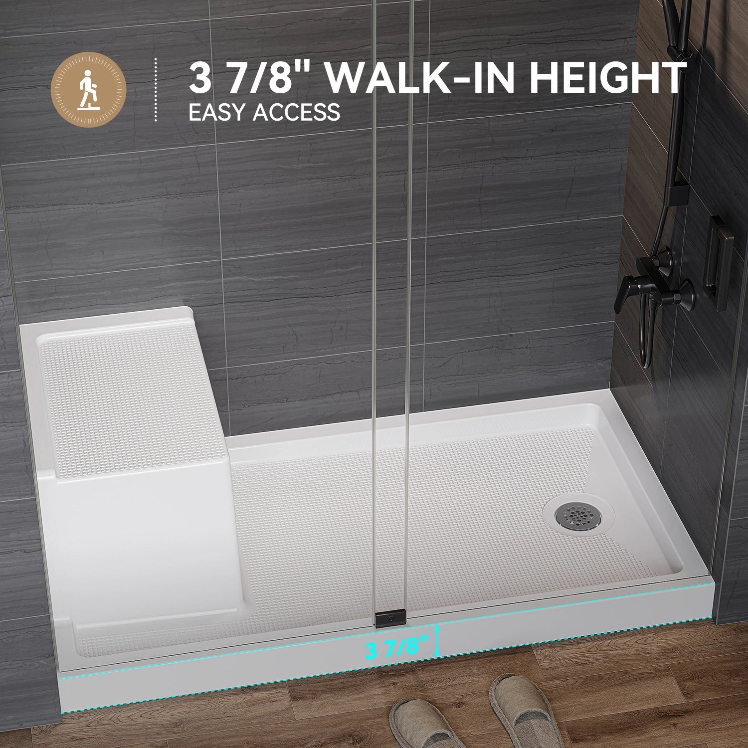 HOROW SS6032-CH-R 60" Shower Pan with ADA Seat Height & Right Drain